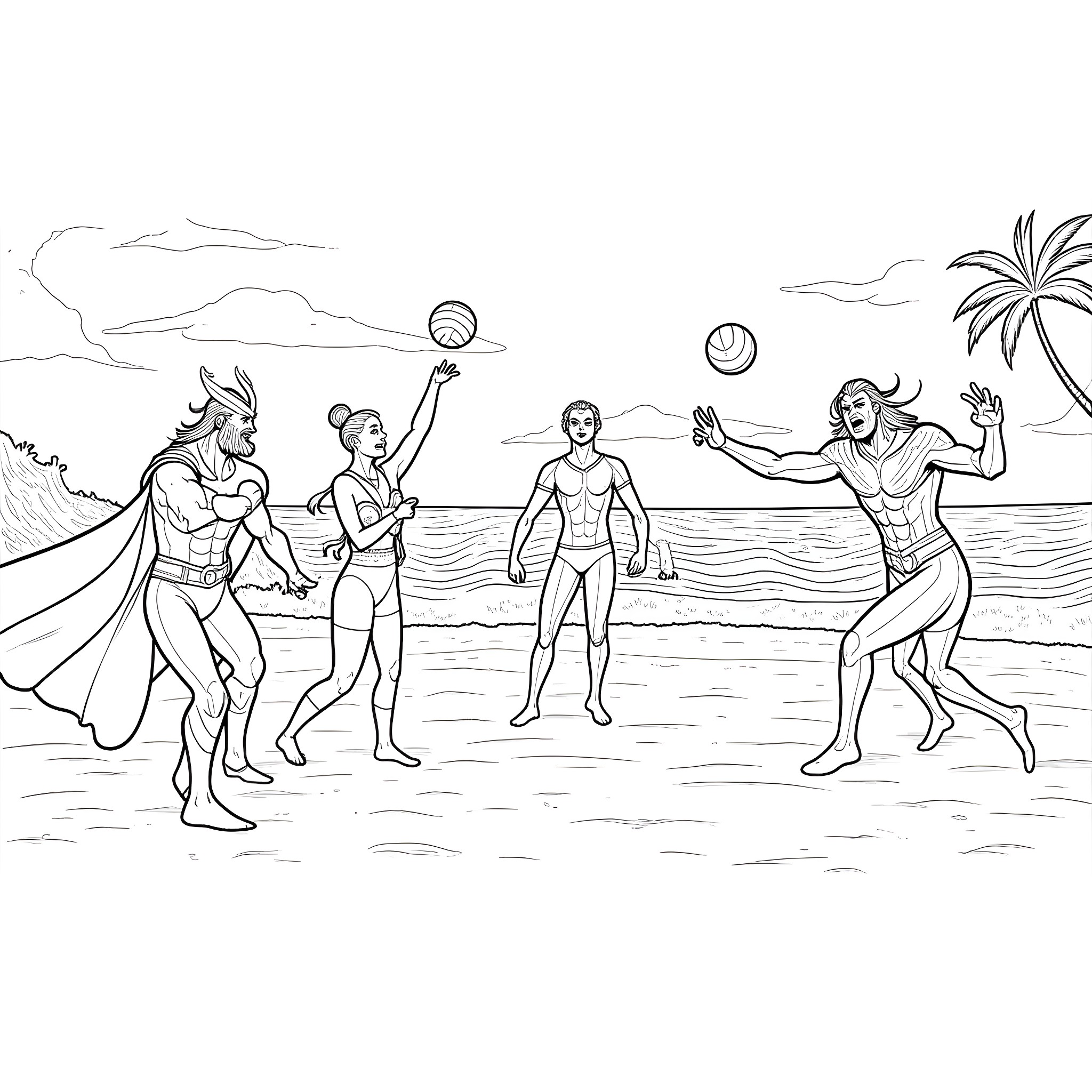 Avengers Playing Beach Volleyball in Costumes Coloring Page (free black-and-white line drawing printable PDF for all, from beginners to advanced learners, including children, teens, adults, and seniors)