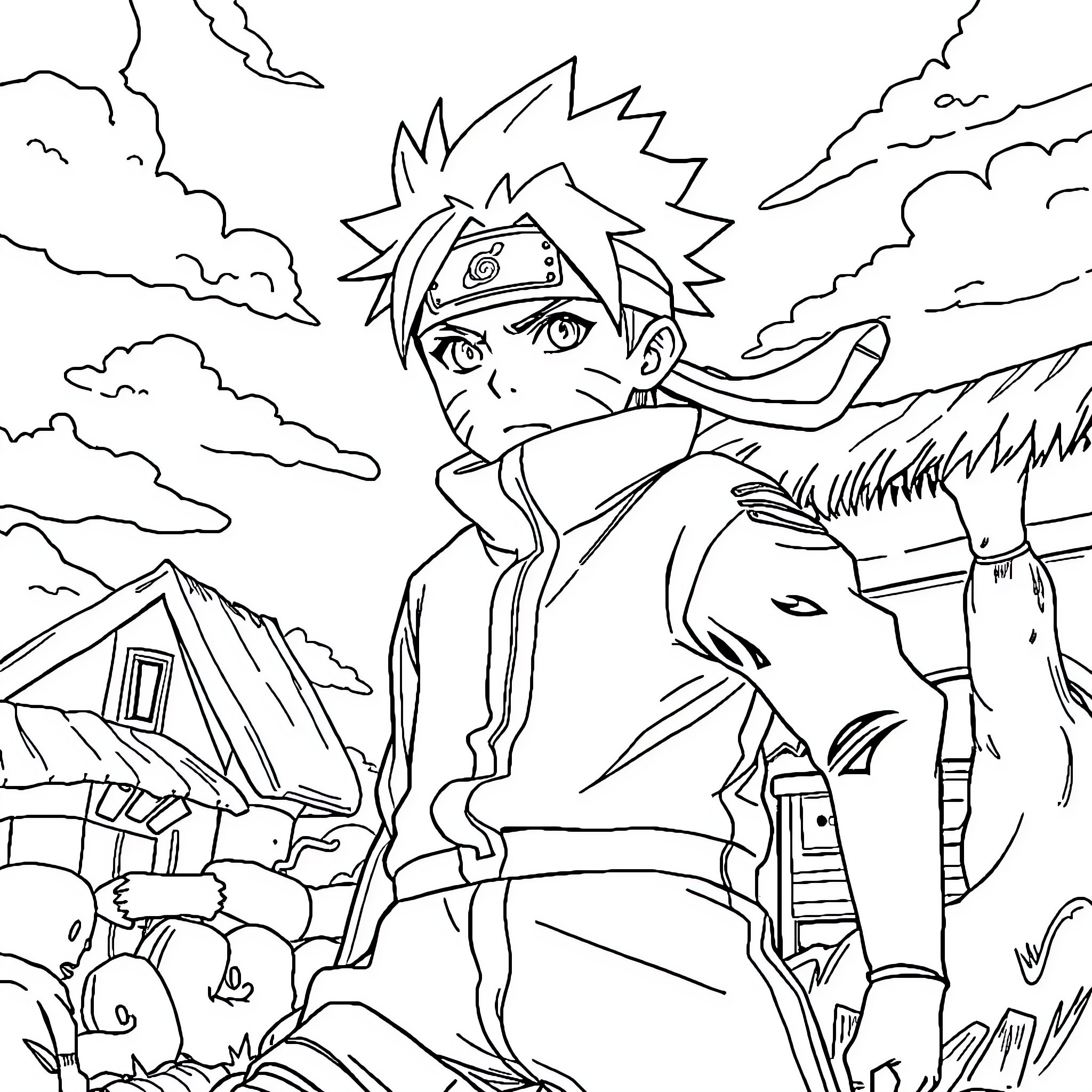 Naruto's heroic stance in the wilderness Coloring Page (free black-and-white line drawing printable PDF for all, from beginners to advanced learners, including children, teens, adults, and seniors)