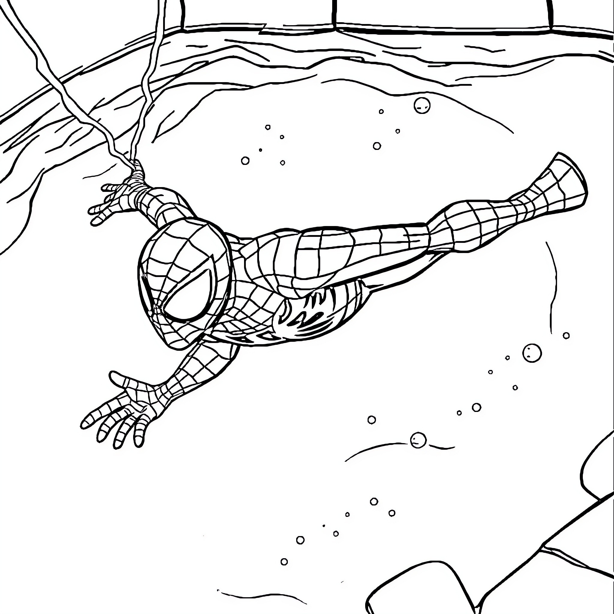 Spiderman swinging through the city skyline Coloring Page (free black-and-white line drawing printable PDF for all, from beginners to advanced learners, including children, teens, adults, and seniors)