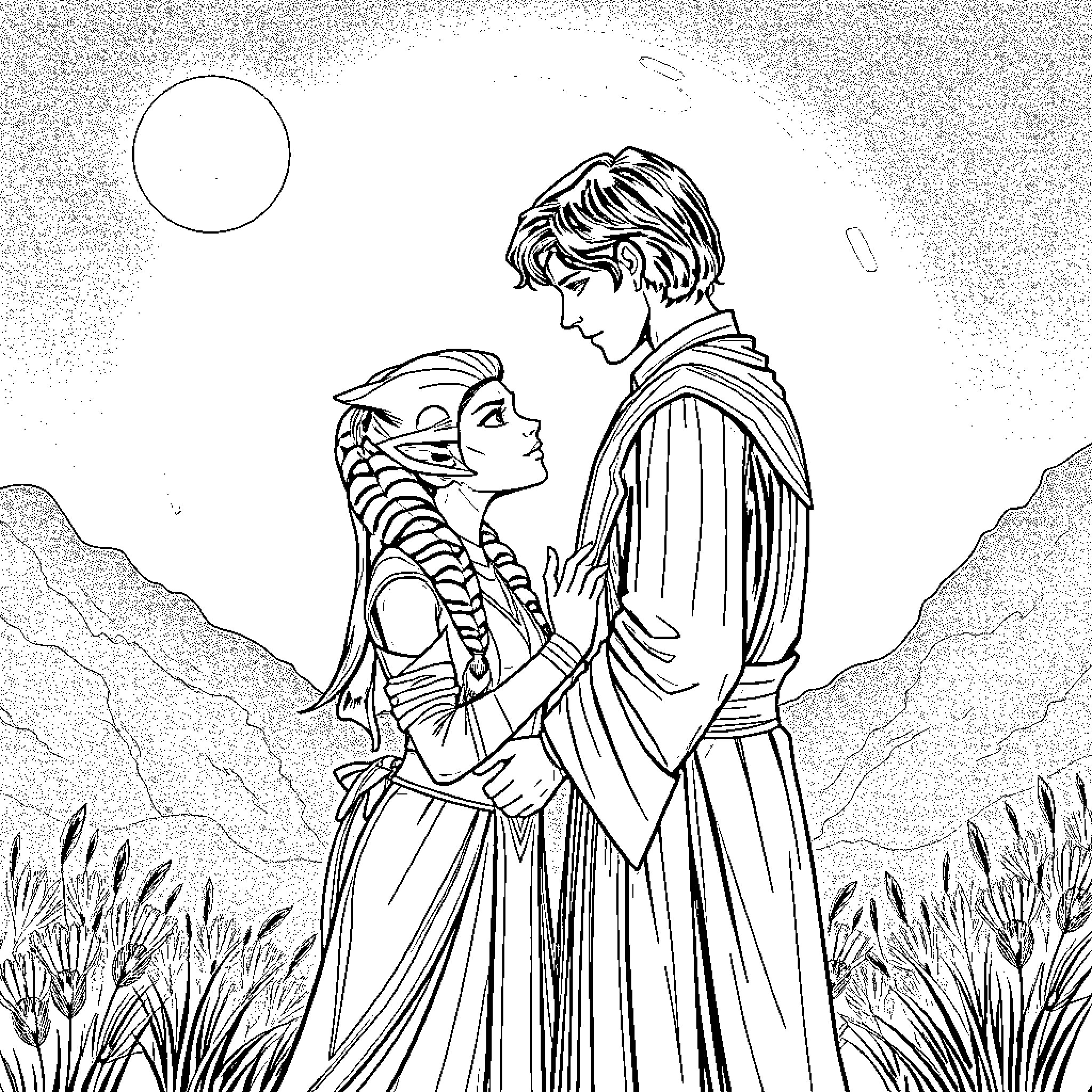 Anakin and Padmé sharing a tender moment Coloring Page (free black-and-white line drawing printable PDF for all, from beginners to advanced learners, including children, teens, adults, and seniors)
