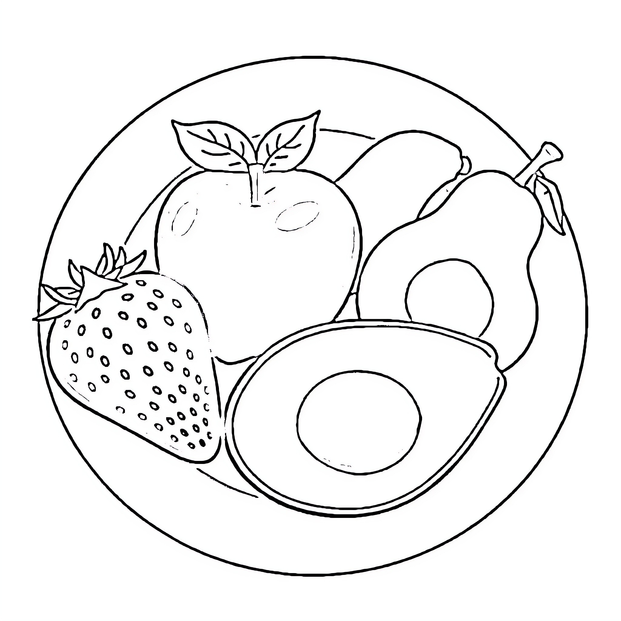 Fruit Displayed in a Circle Coloring Page (free black-and-white line drawing printable PDF for all, from beginners to advanced learners, including children, teens, adults, and seniors)