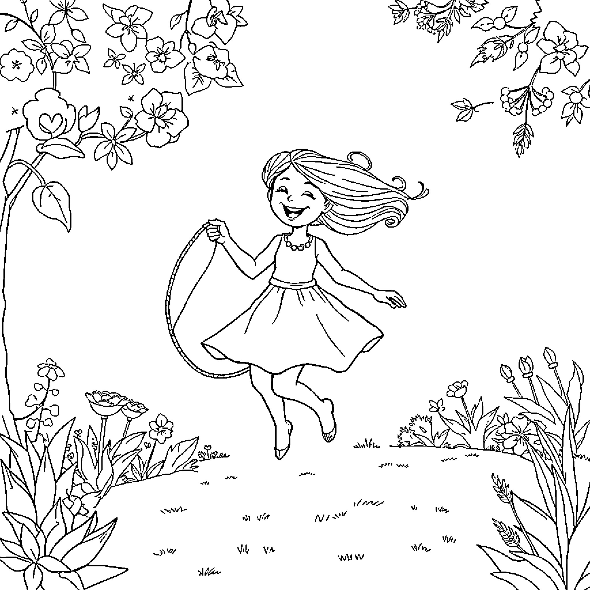 Fille dancing joyfully in a floral garden Coloring Page (free black-and-white line drawing printable PDF for all, from beginners to advanced learners, including children, teens, adults, and seniors)