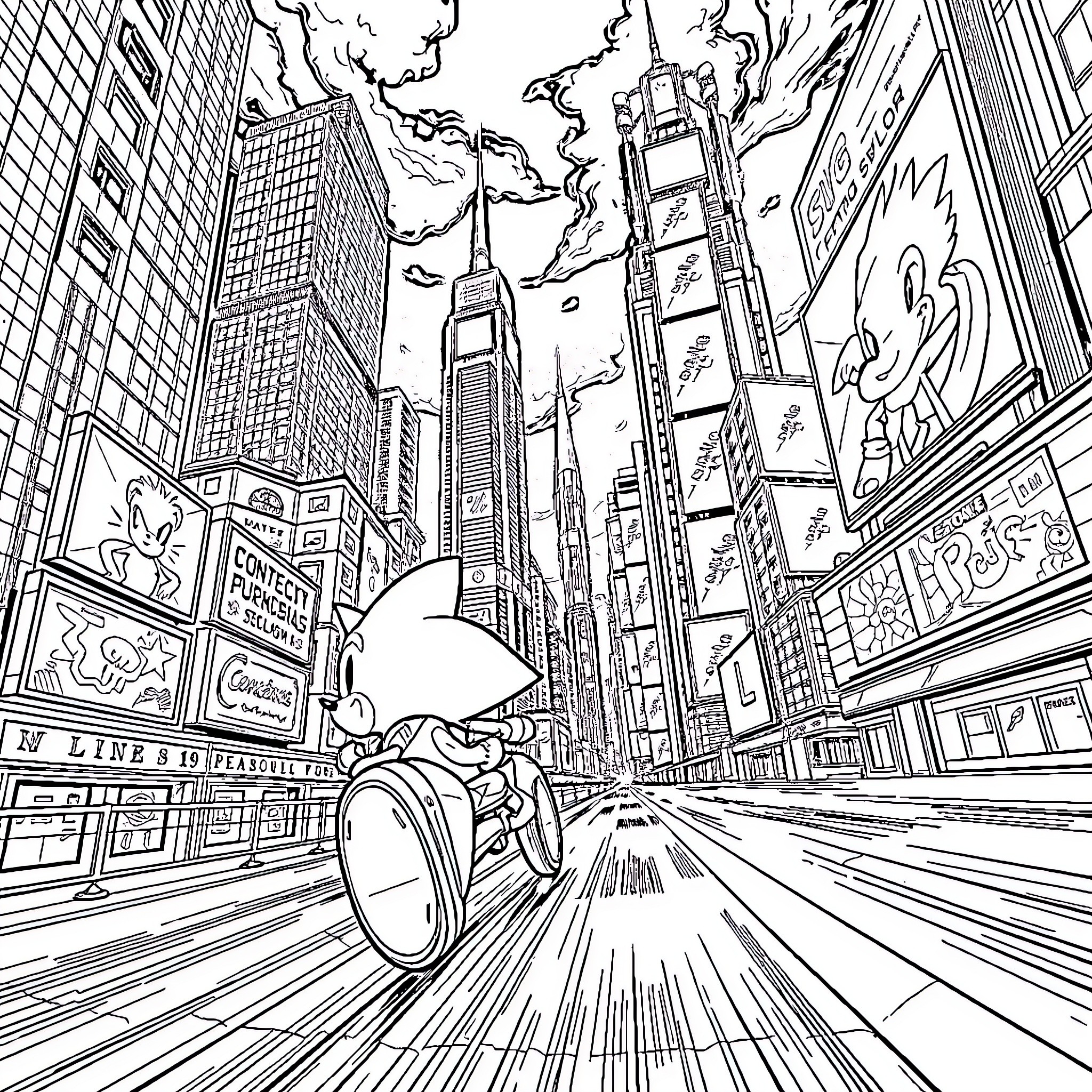 Sonic speeding through the bustling city streets Coloring Page (free black-and-white line drawing printable PDF for all, from beginners to advanced learners, including children, teens, adults, and seniors)
