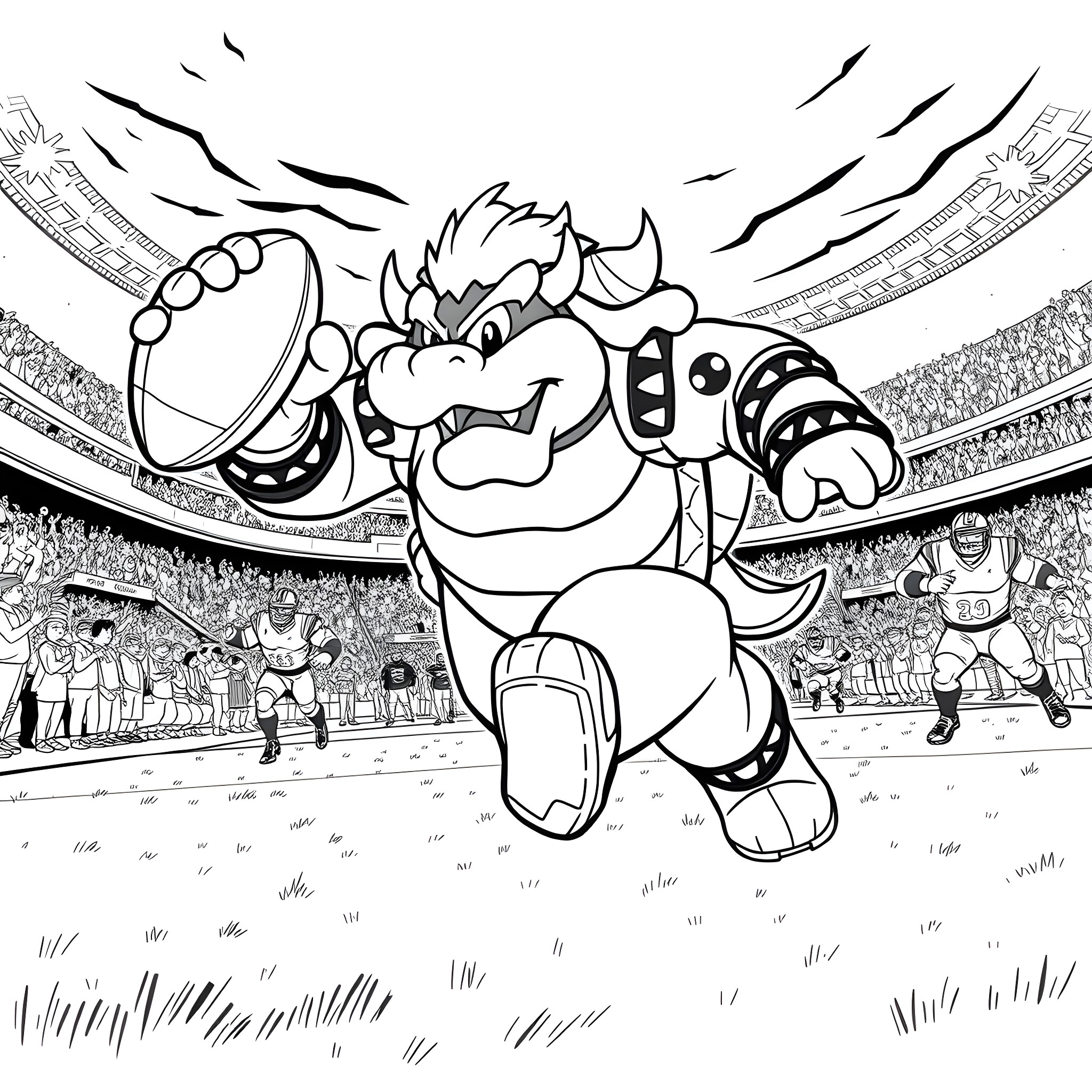 Bowser dominates the arena with his powerful presence Coloring Page (free black-and-white line drawing printable PDF for all, from beginners to advanced learners, including children, teens, adults, and seniors)