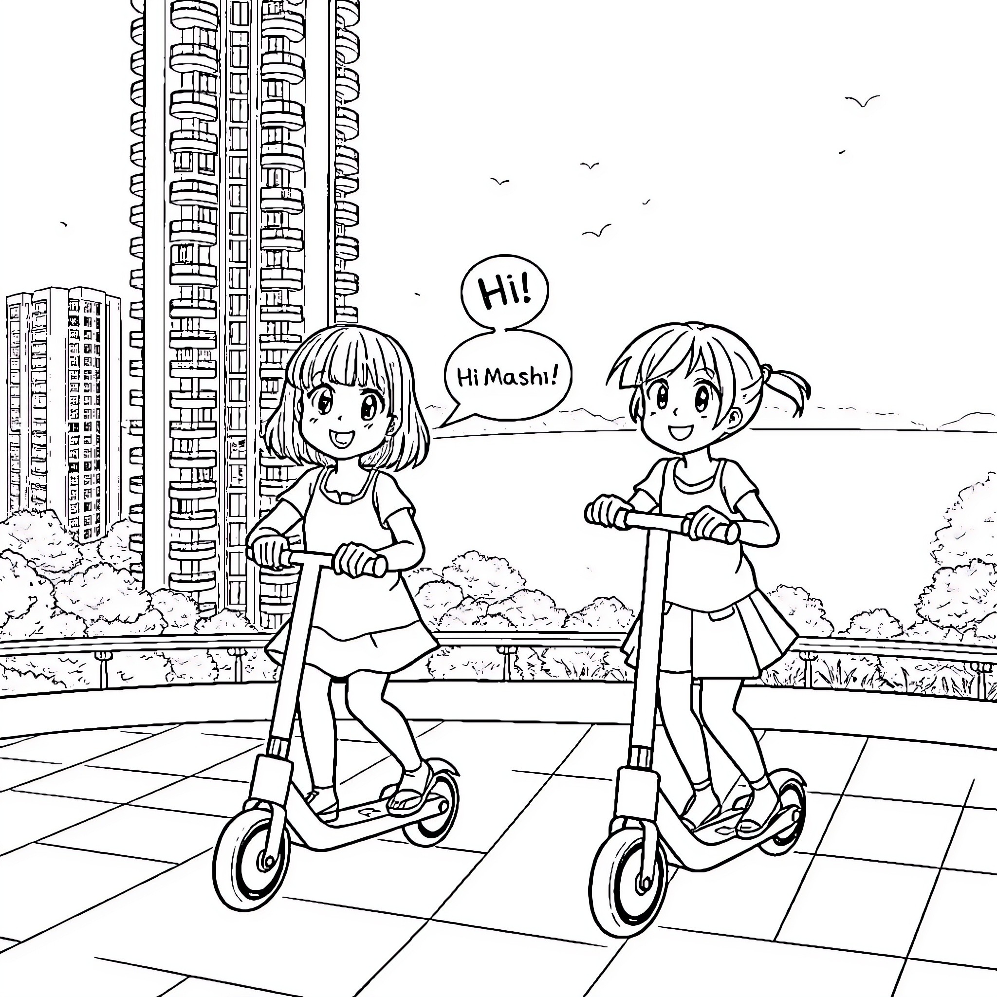 Girls riding scooters in the city Coloring Page (free black-and-white line drawing printable PDF for all, from beginners to advanced learners, including children, teens, adults, and seniors)