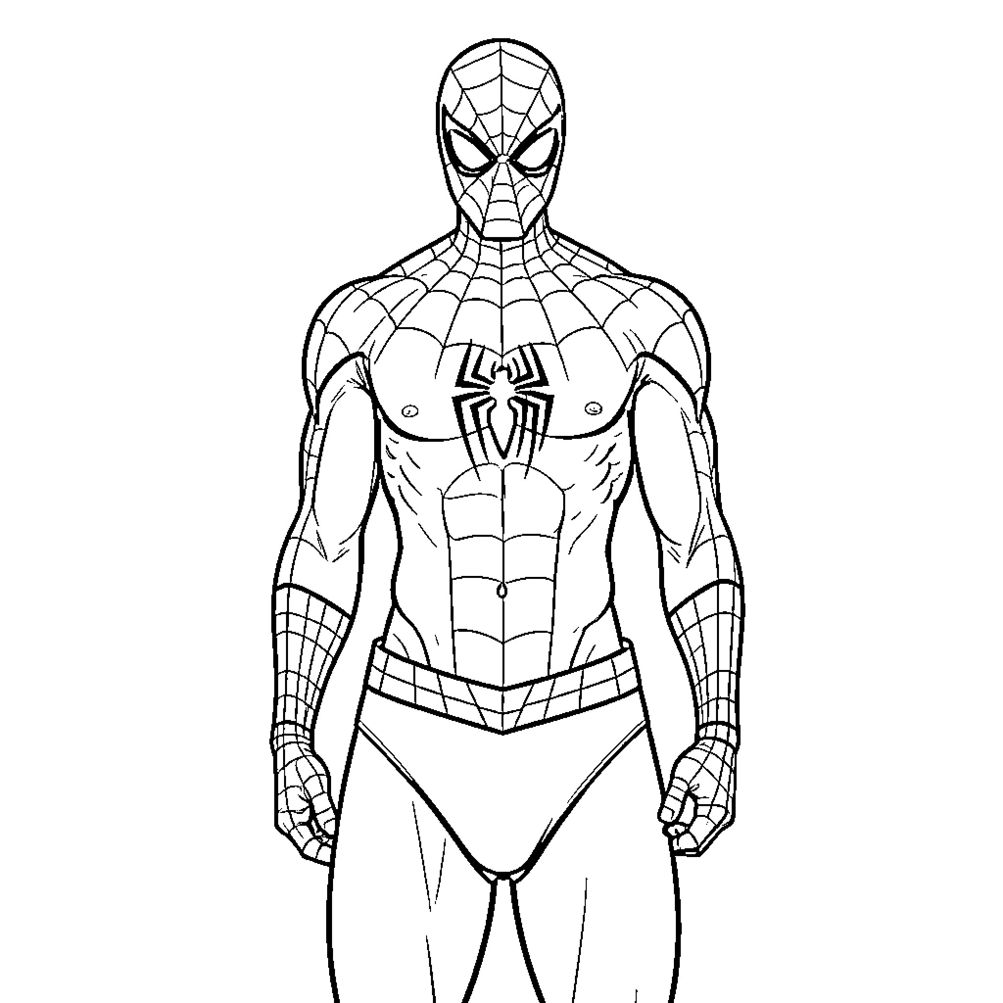 Spiderman standing in a heroic pose Coloring Page (free black-and-white line drawing printable PDF for all, from beginners to advanced learners, including children, teens, adults, and seniors)