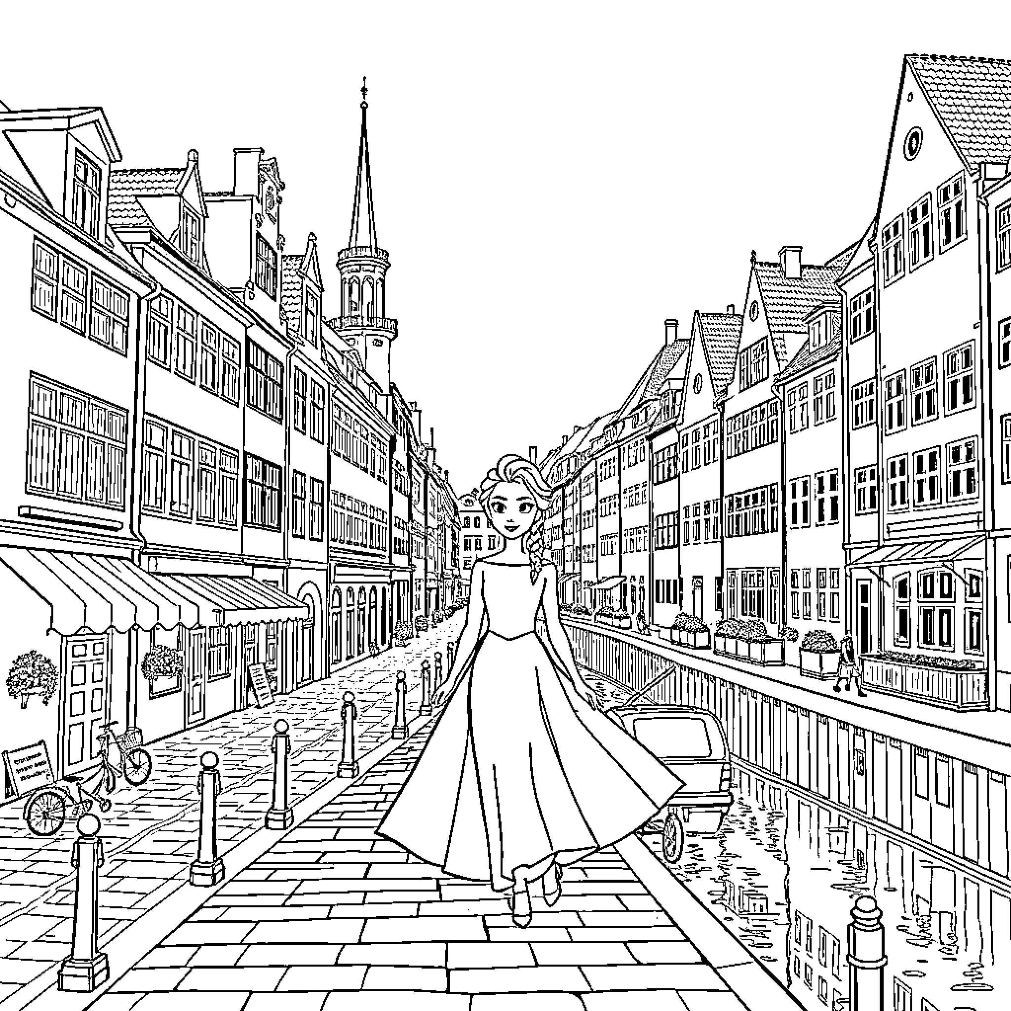 Elsa exploring the quaint streets of a European city Coloring Page (free black-and-white line drawing printable PDF for all, from beginners to advanced learners, including children, teens, adults, and seniors)