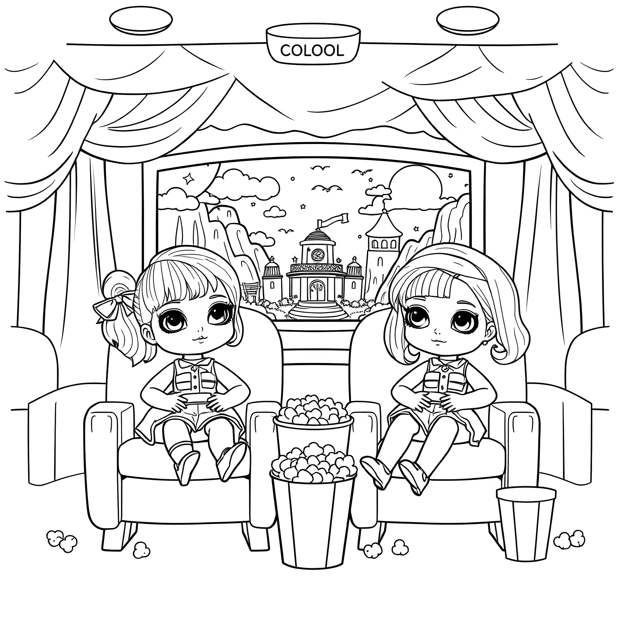 Doll Friends Watching Movie Together Coloring Page (free black-and-white line drawing printable PDF for all, from beginners to advanced learners, including children, teens, adults, and seniors)