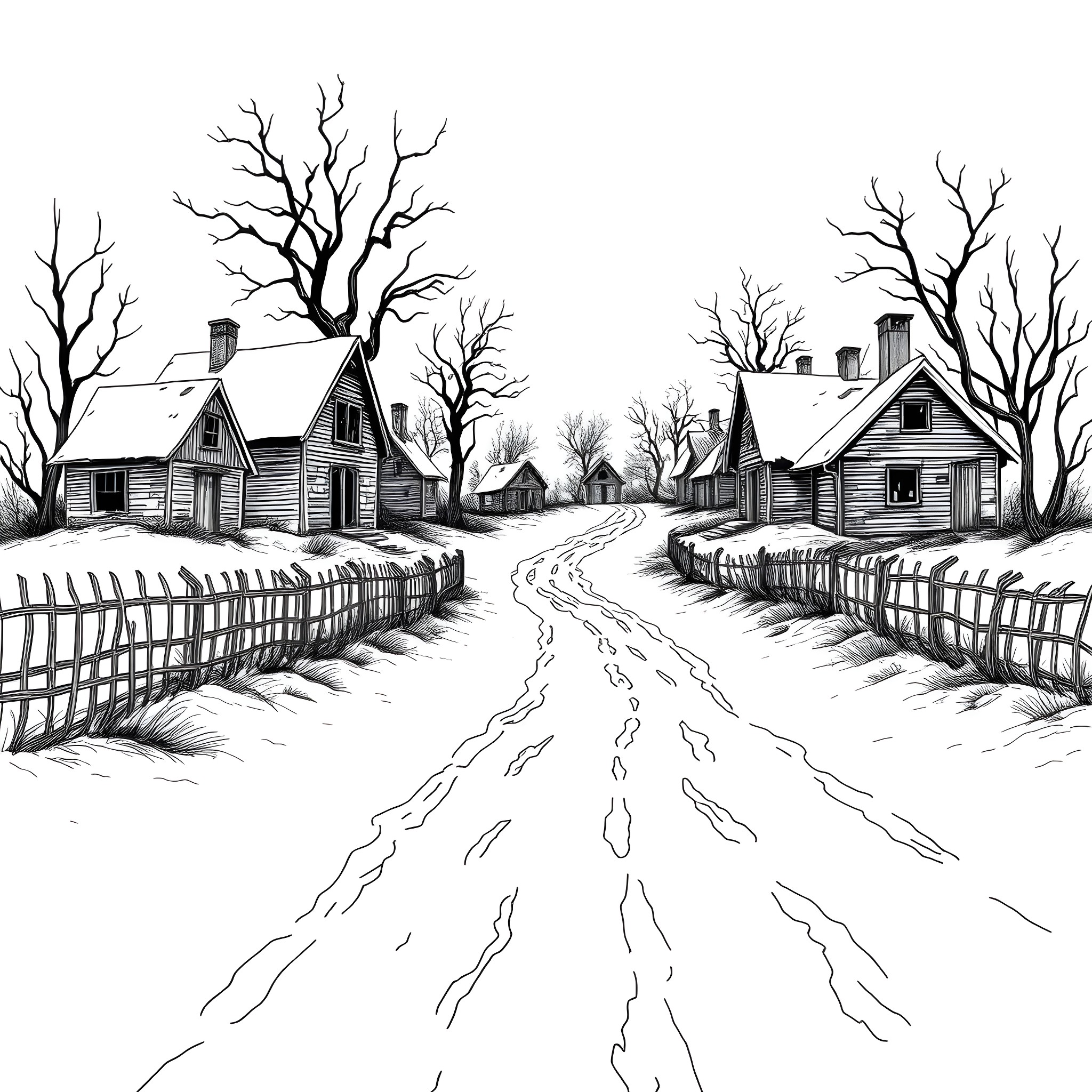 Village Scenes with Bare Trees and Winding Path Coloring Page (free black-and-white line drawing printable PDF for all, from beginners to advanced learners, including children, teens, adults, and seniors)
