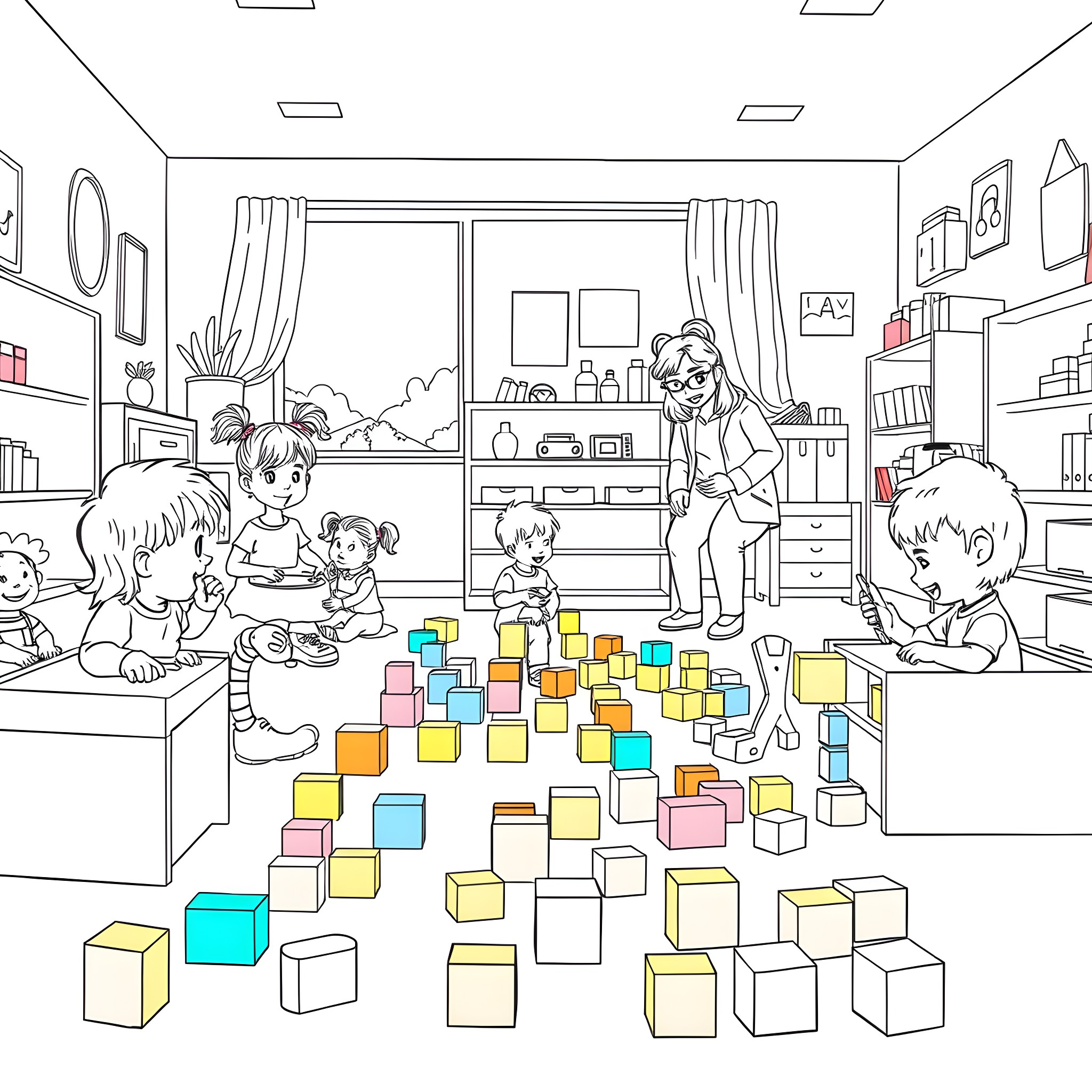 Daycare children playing with educational toys Coloring Page (free black-and-white line drawing printable PDF for all, from beginners to advanced learners, including children, teens, adults, and seniors)