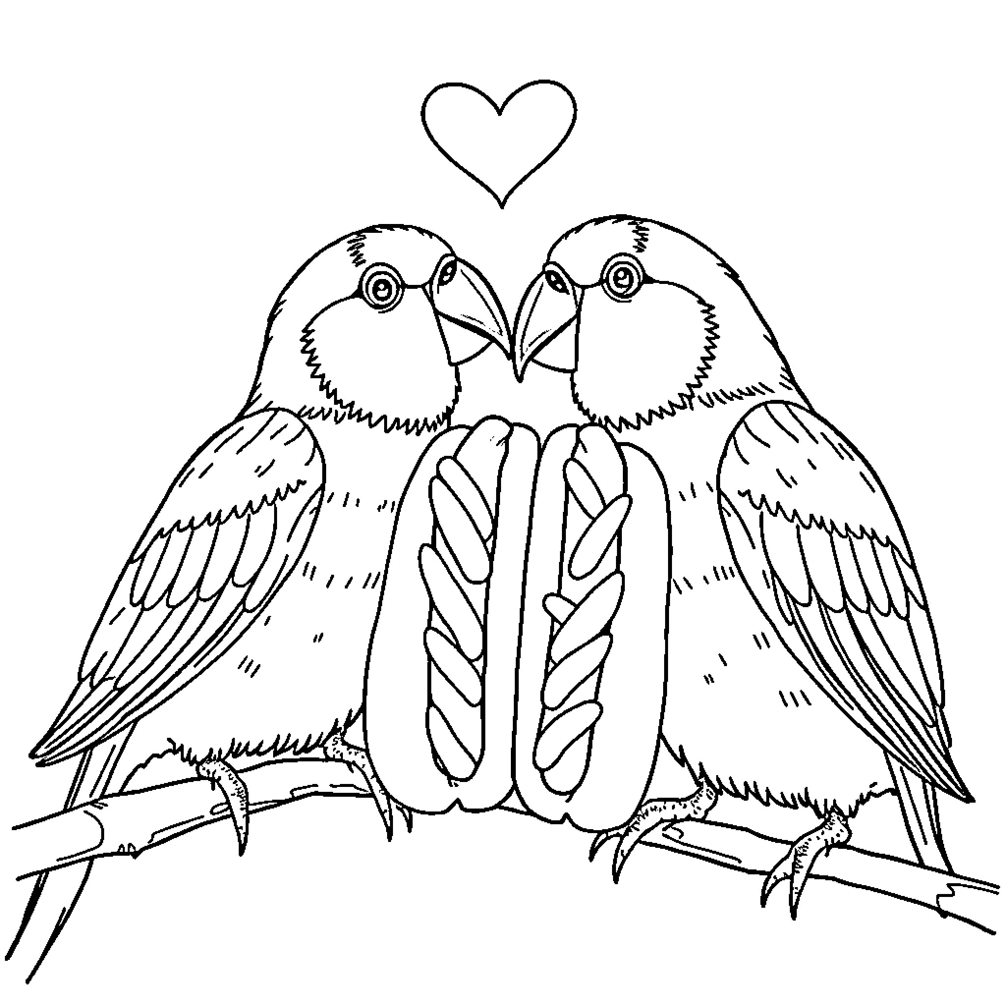 Love Birds Affectionately Embracing Coloring Page (free black-and-white line drawing printable PDF for all, from beginners to advanced learners, including children, teens, adults, and seniors)