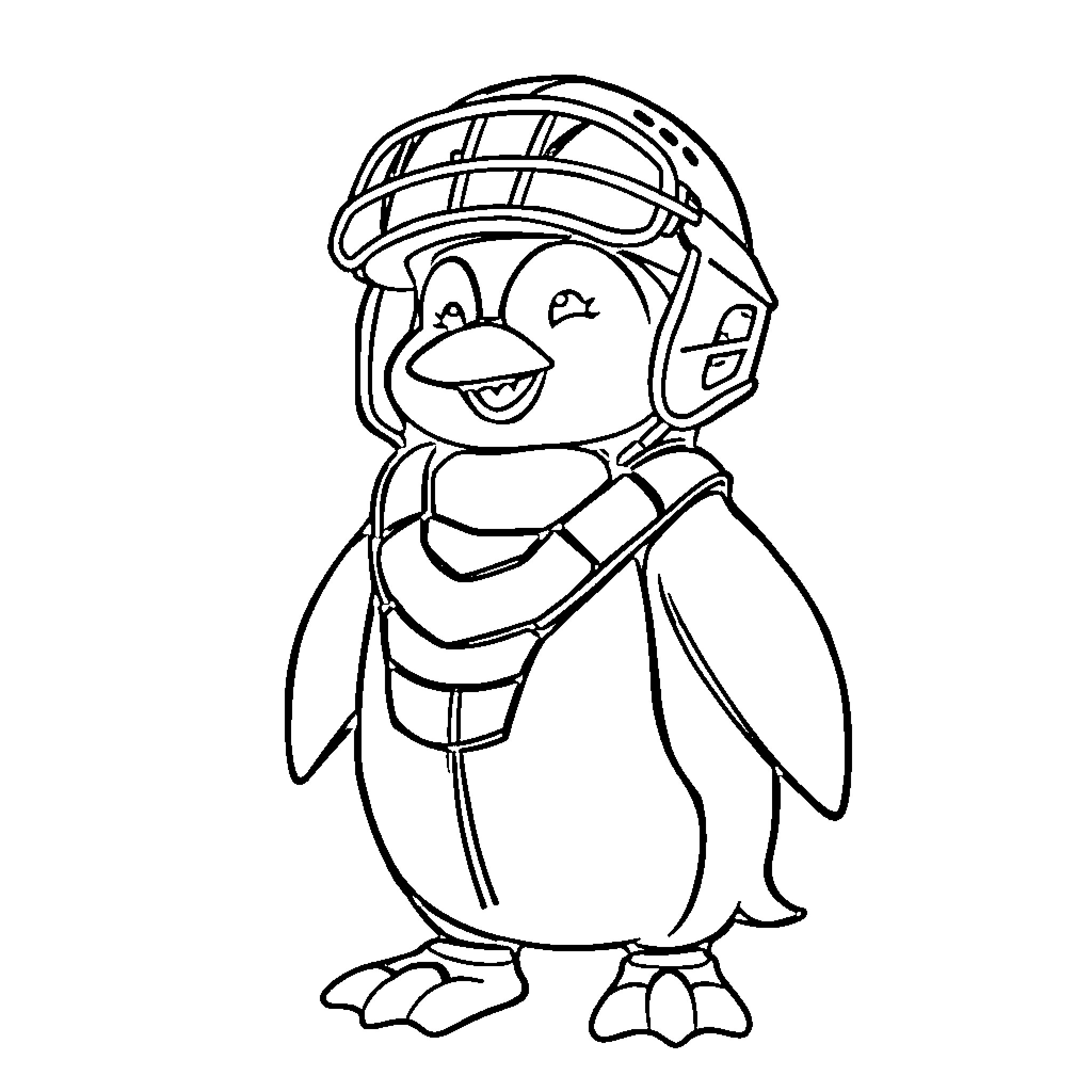 Penguin wearing a helmet and smiling Coloring Page (free black-and-white line drawing printable PDF for all, from beginners to advanced learners, including children, teens, adults, and seniors)