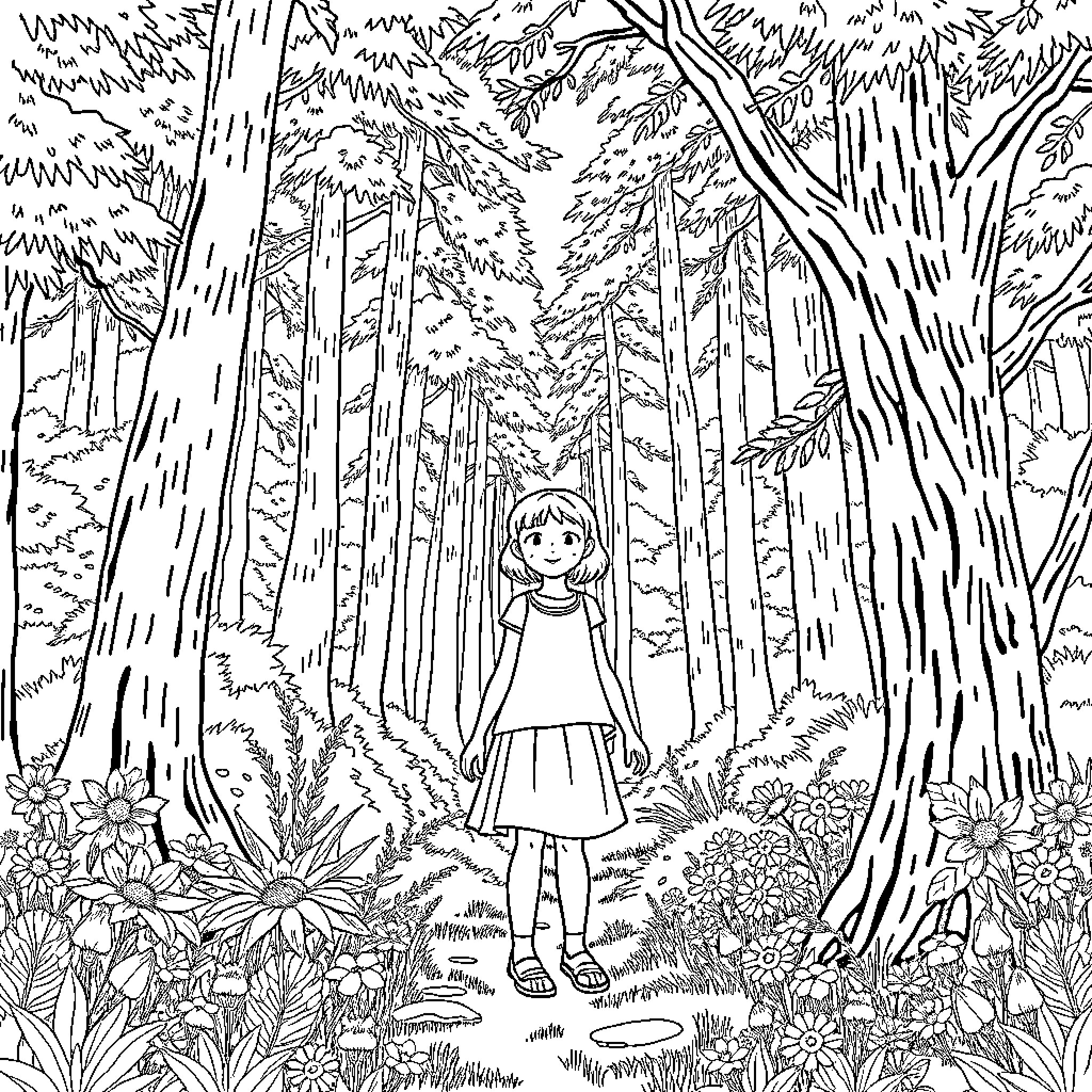 Girl exploring the enchanted forest Coloring Page (free black-and-white line drawing printable PDF for all, from beginners to advanced learners, including children, teens, adults, and seniors)