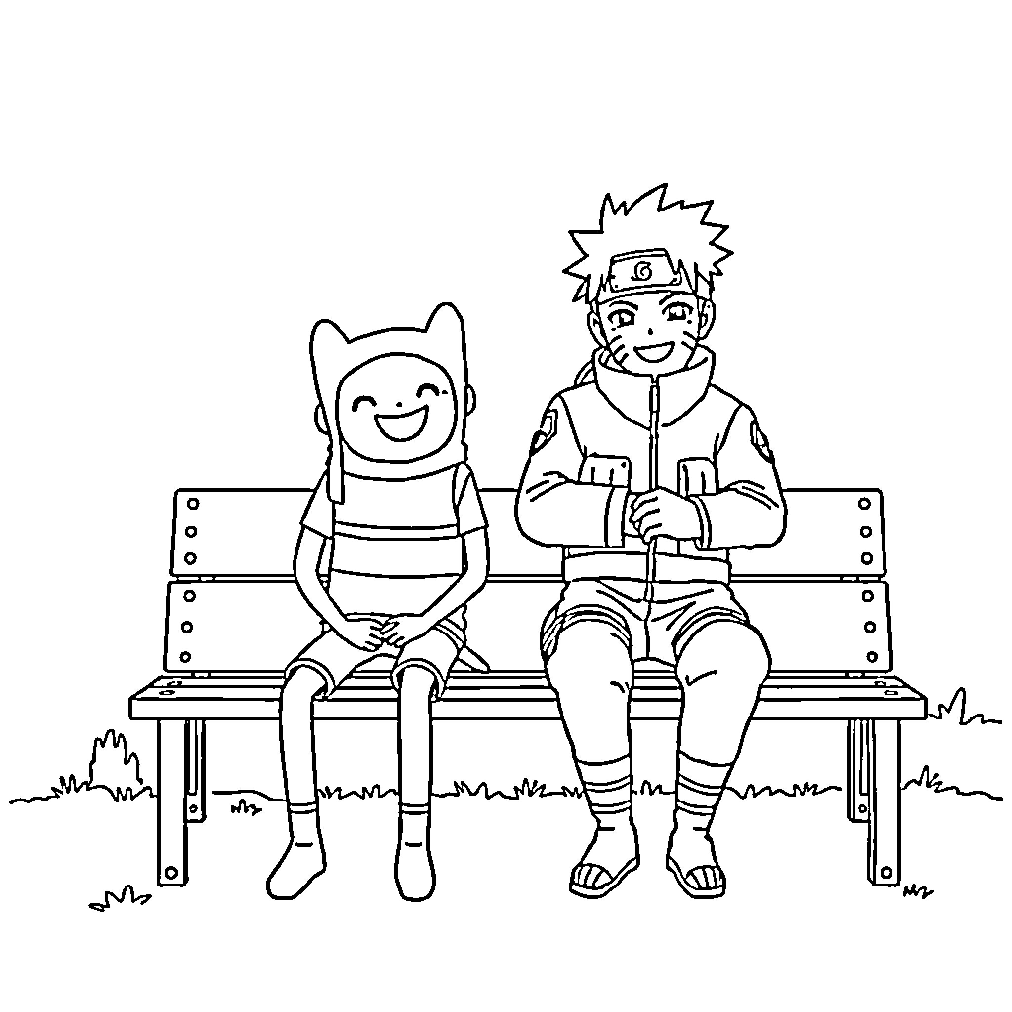 Finn and friend enjoying time on a park bench Coloring Page (free black-and-white line drawing printable PDF for all, from beginners to advanced learners, including children, teens, adults, and seniors)