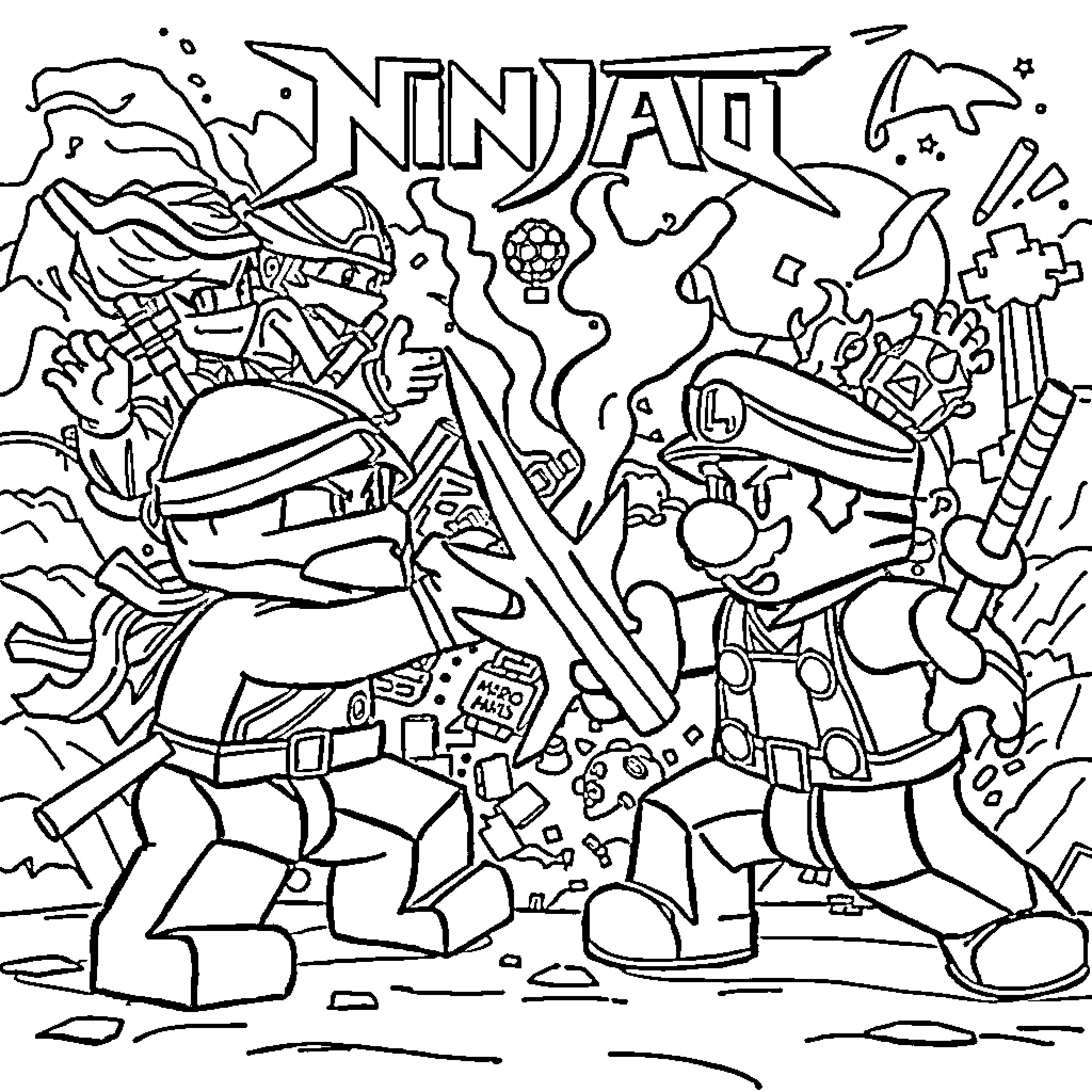 Ninjago characters in action-packed scene Coloring Page (free black-and-white line drawing printable PDF for all, from beginners to advanced learners, including children, teens, adults, and seniors)