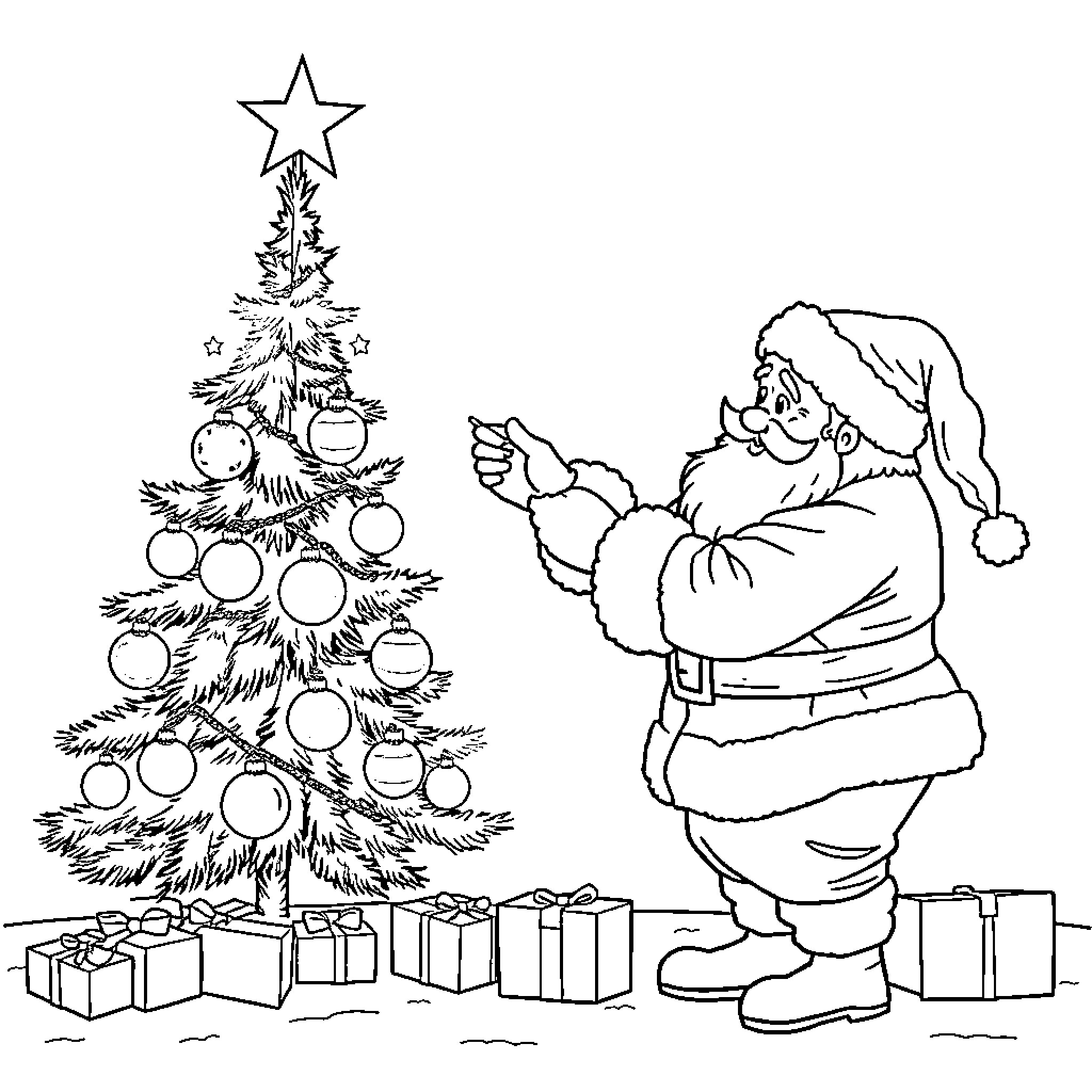 Santa Decorating Christmas Tree with Presents Coloring Page (free black-and-white line drawing printable PDF for all, from beginners to advanced learners, including children, teens, adults, and seniors)