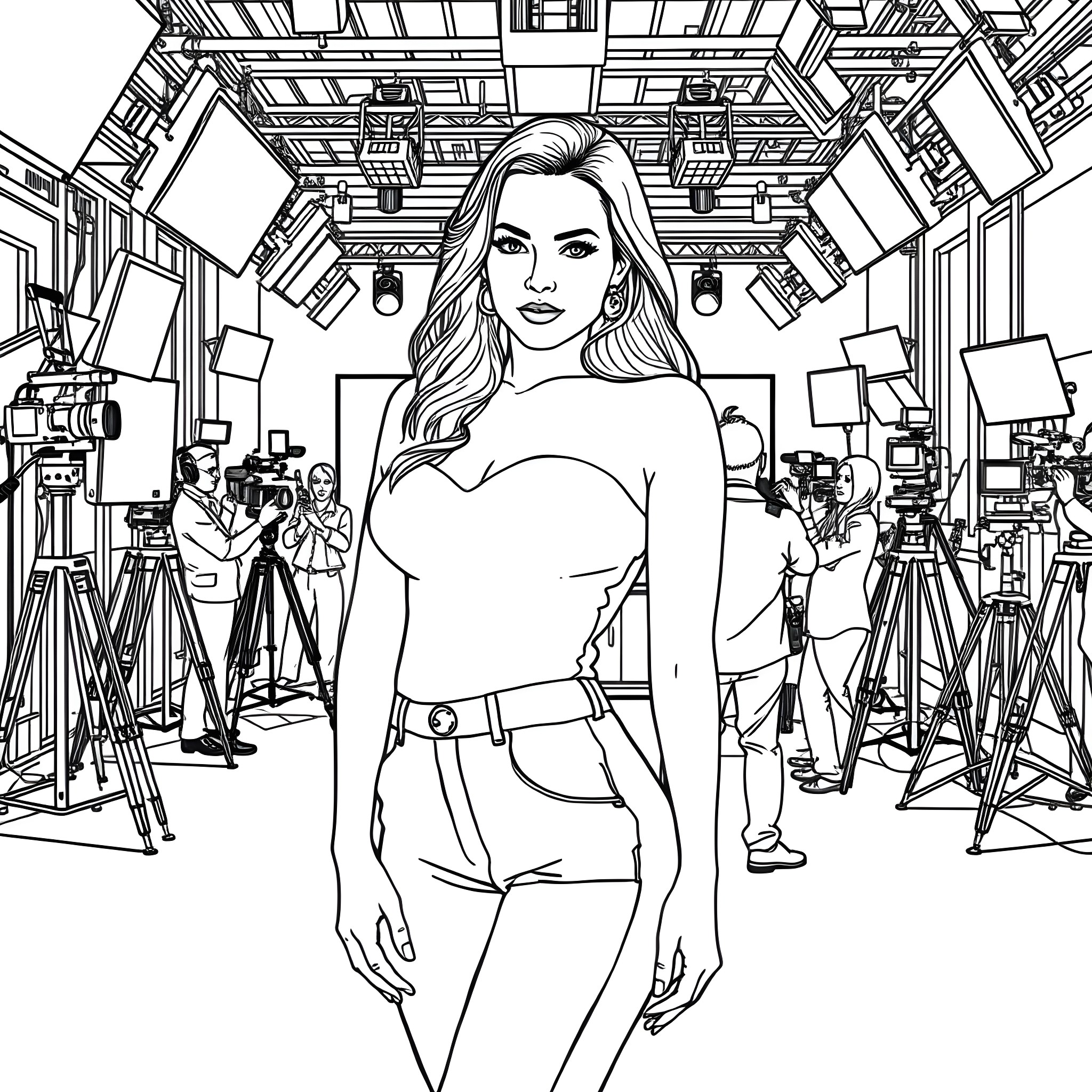 Jenna Jamison in a bustling TV studio Coloring Page (free black-and-white line drawing printable PDF for all, from beginners to advanced learners, including children, teens, adults, and seniors)