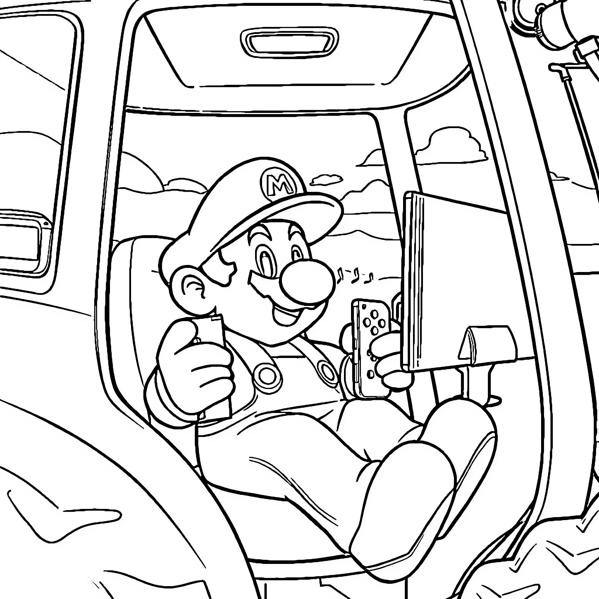 Super Mario driving in a car on the road Coloring Page (free black-and-white line drawing printable PDF for all, from beginners to advanced learners, including children, teens, adults, and seniors)