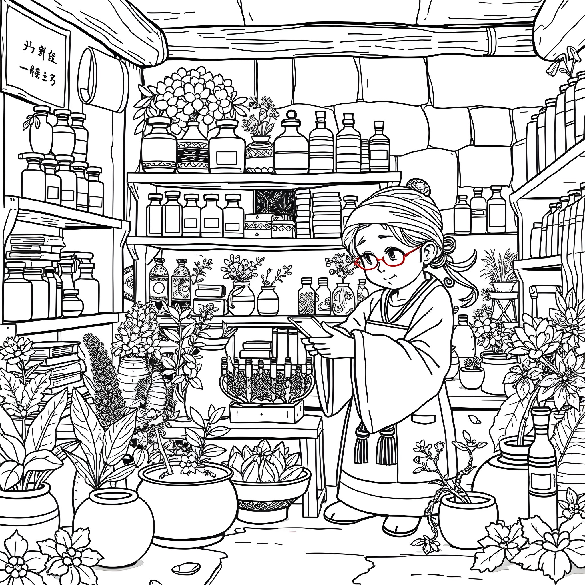 Maomao's Cozy Floral Shop Coloring Page (free black-and-white line drawing printable PDF for all, from beginners to advanced learners, including children, teens, adults, and seniors)