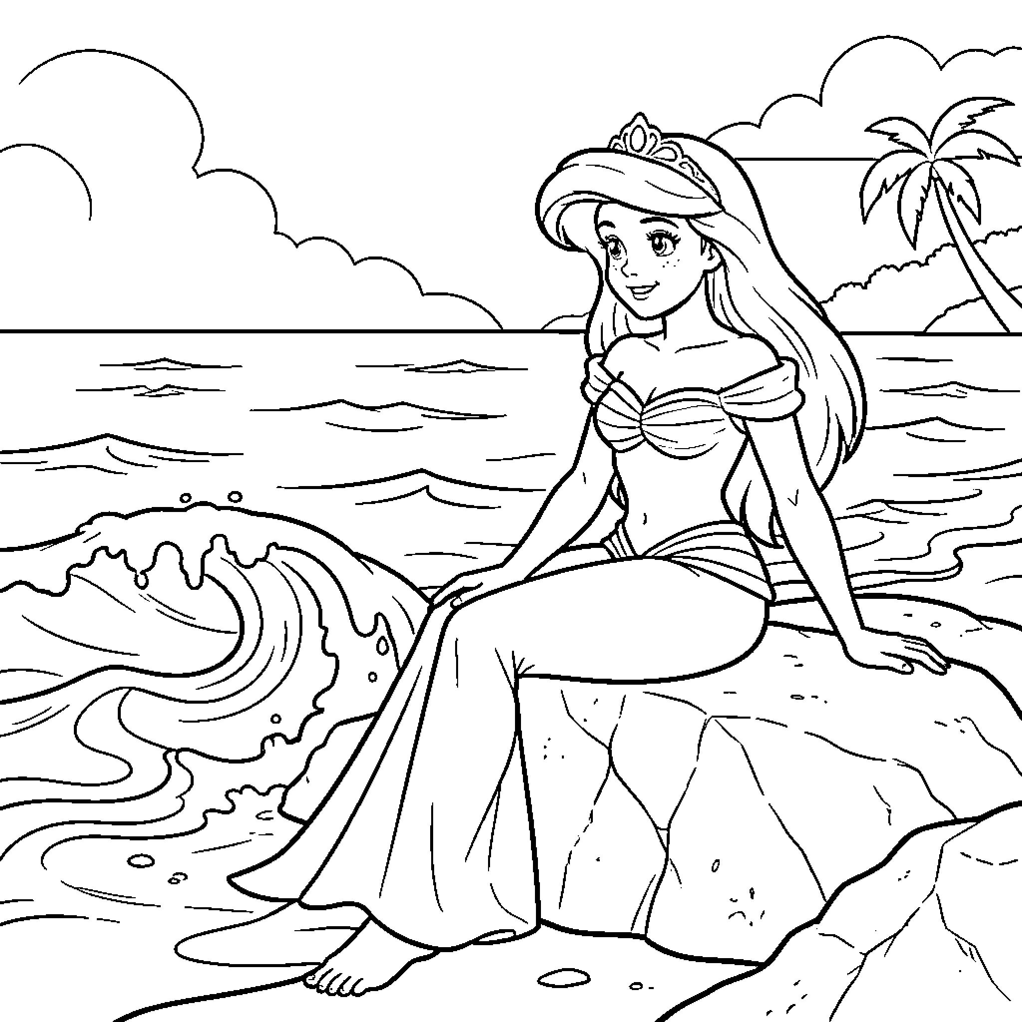 Ariel sitting peacefully on a rock by the ocean Coloring Page (free black-and-white line drawing printable PDF for all, from beginners to advanced learners, including children, teens, adults, and seniors)