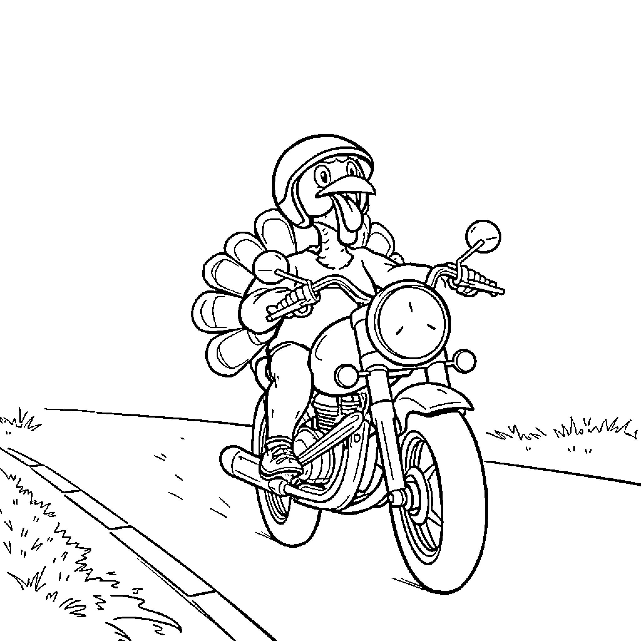 Turkey riding motorcycle on scenic road Coloring Page (free black-and-white line drawing printable PDF for all, from beginners to advanced learners, including children, teens, adults, and seniors)