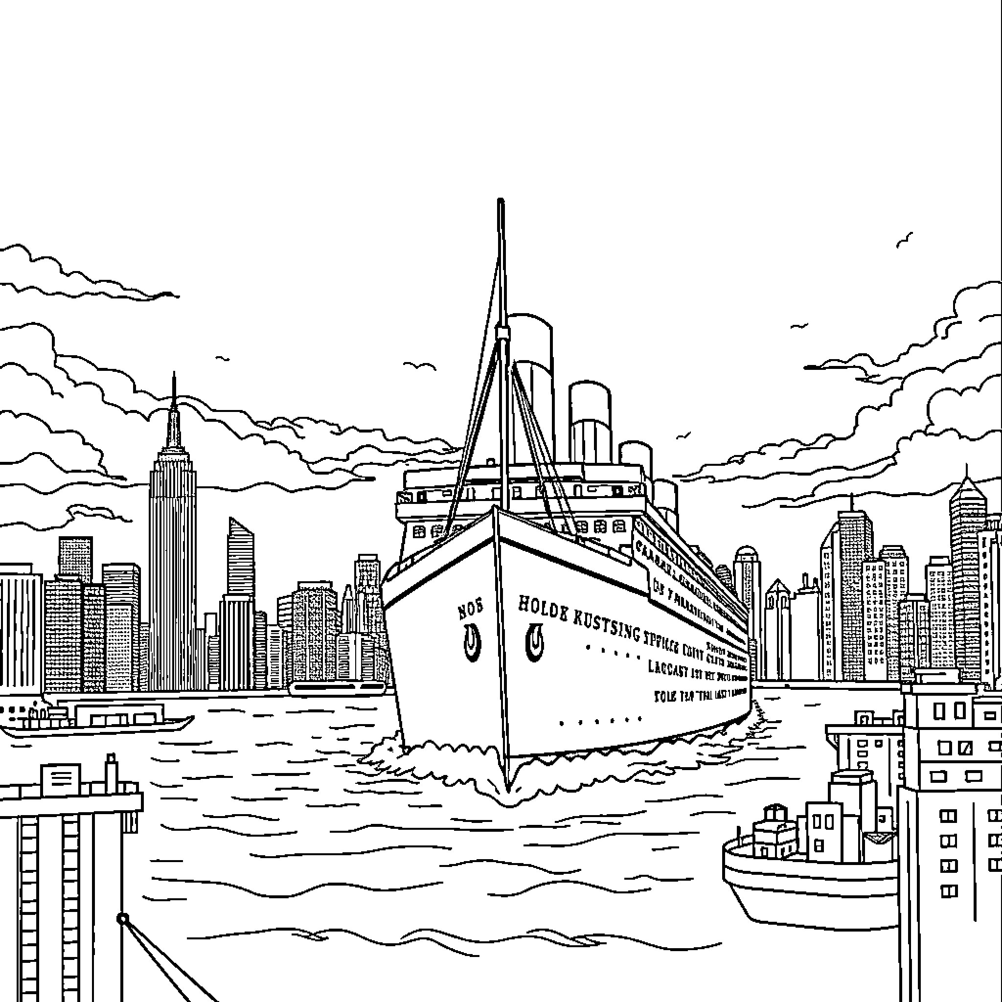 Titanic Ship Sailing in New York City Harbor Coloring Page (free black-and-white line drawing printable PDF for all, from beginners to advanced learners, including children, teens, adults, and seniors)