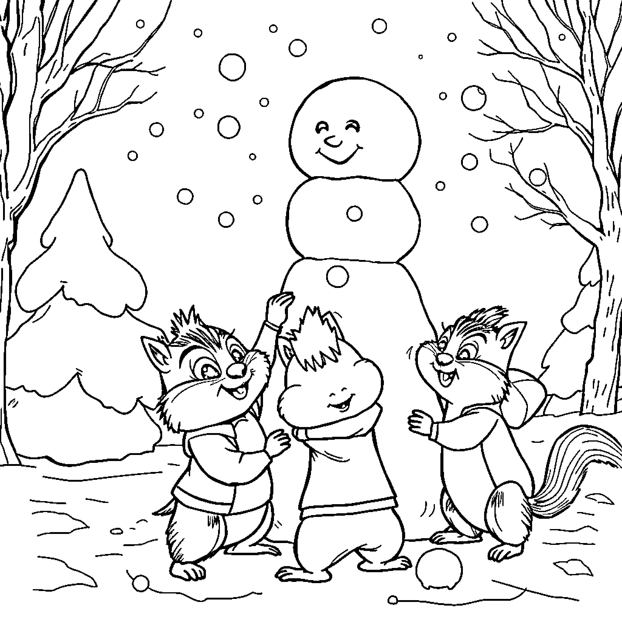Chipmunk friends build a happy snowman Coloring Page (free black-and-white line drawing printable PDF for all, from beginners to advanced learners, including children, teens, adults, and seniors)