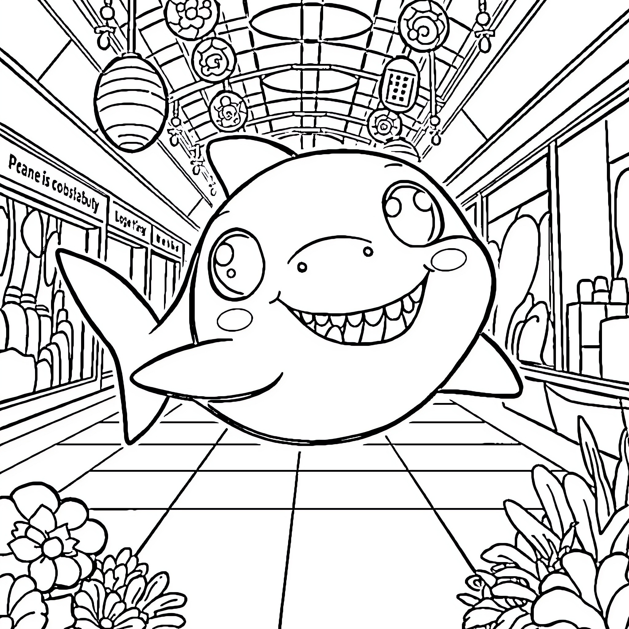Shark enjoying a festive underwater scene Coloring Page (free black-and-white line drawing printable PDF for all, from beginners to advanced learners, including children, teens, adults, and seniors)