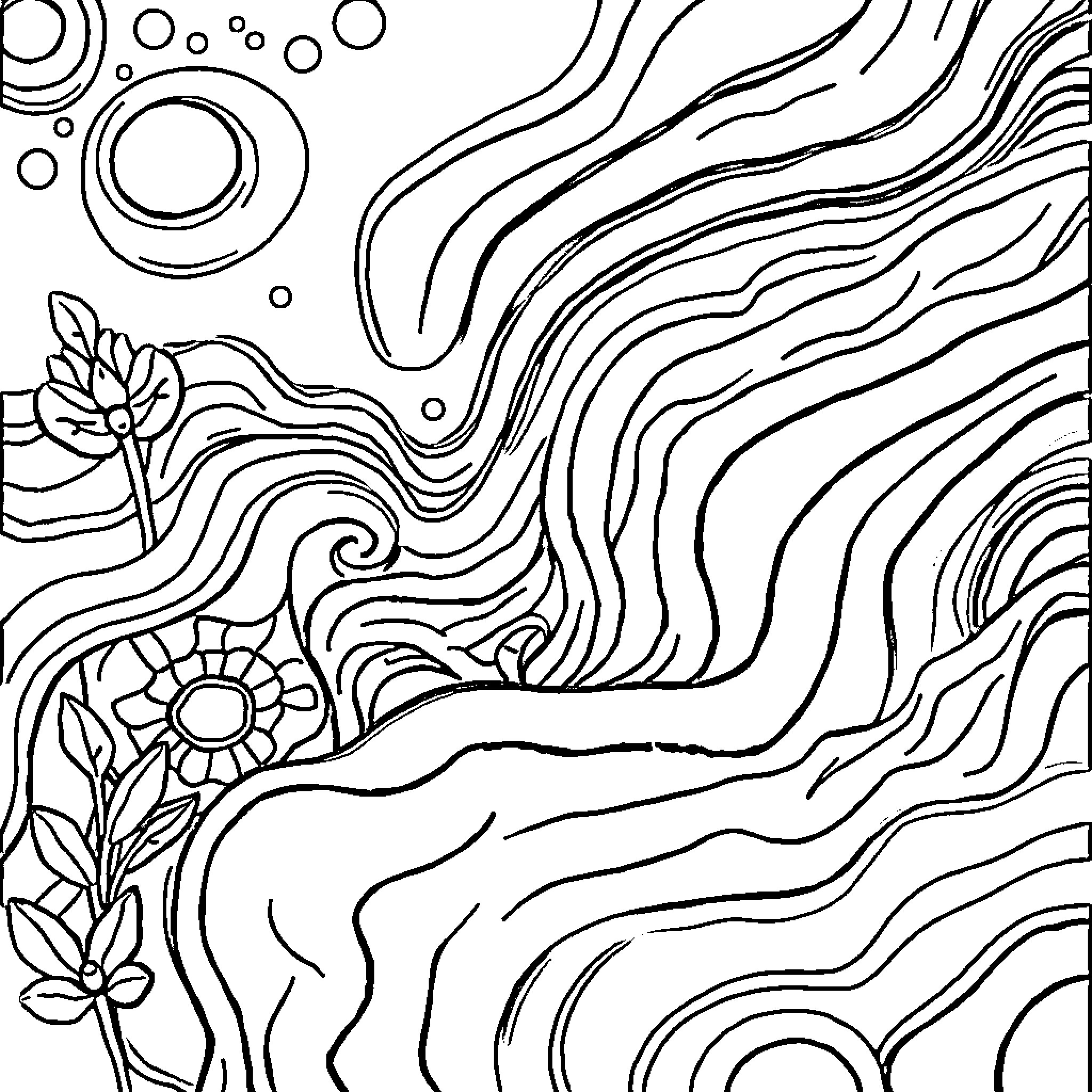 Abstract Organic Shapes and Patterns Coloring Page (free black-and-white line drawing printable PDF for all, from beginners to advanced learners, including children, teens, adults, and seniors)