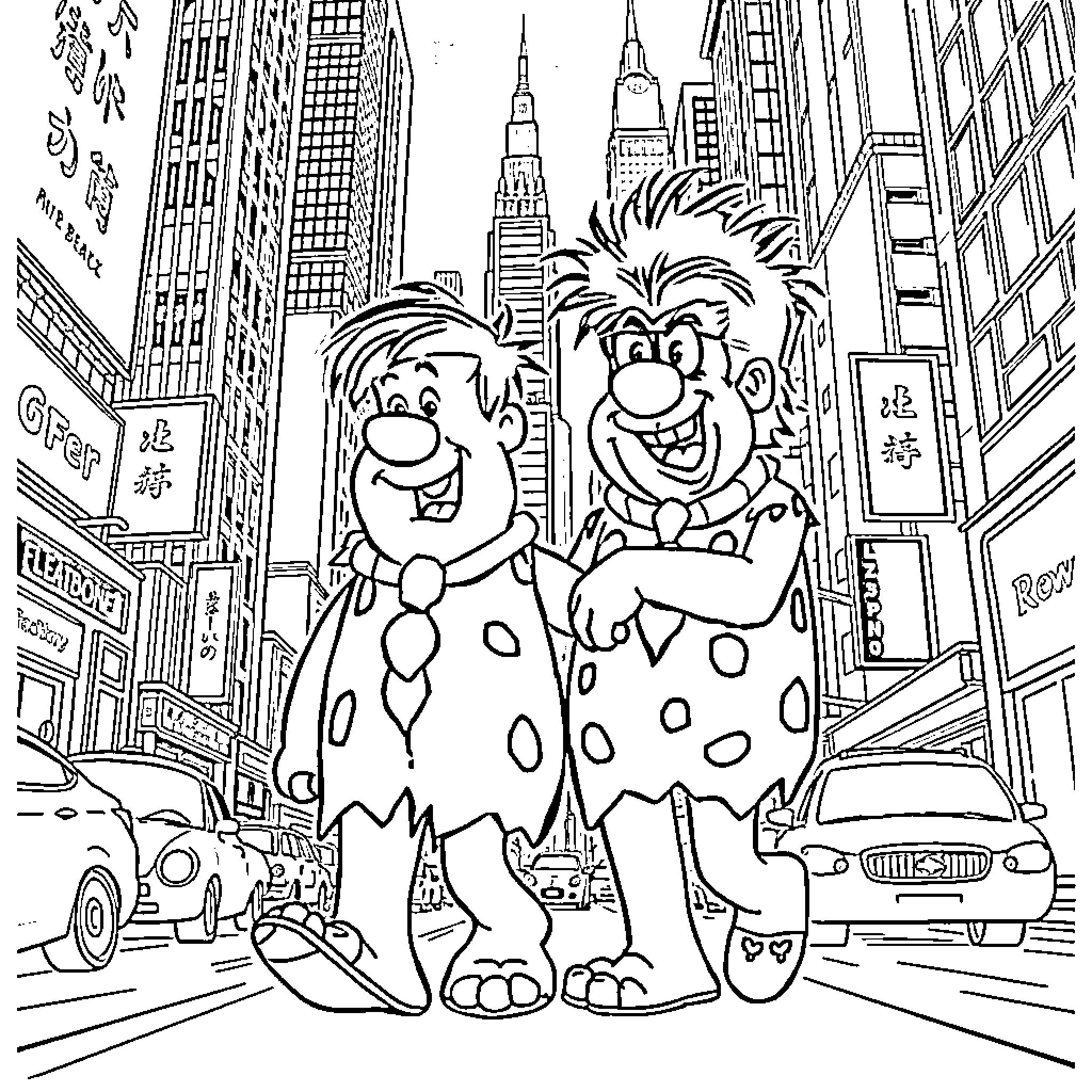 Fred Flintstone and Barney Rubble in a bustling city Coloring Page (free black-and-white line drawing printable PDF for all, from beginners to advanced learners, including children, teens, adults, and seniors)