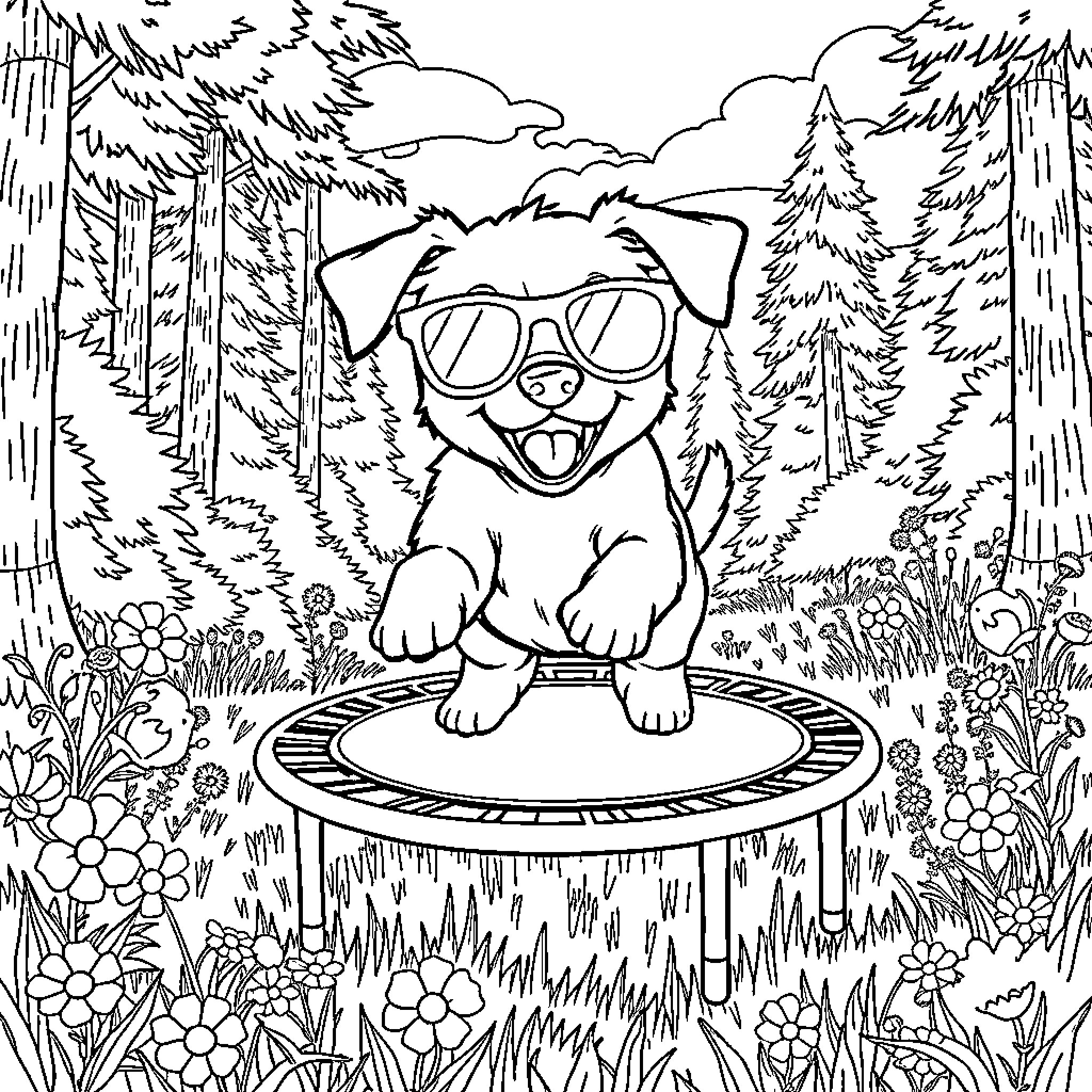 Puppy enjoying a playful day in the forest Coloring Page (free black-and-white line drawing printable PDF for all, from beginners to advanced learners, including children, teens, adults, and seniors)