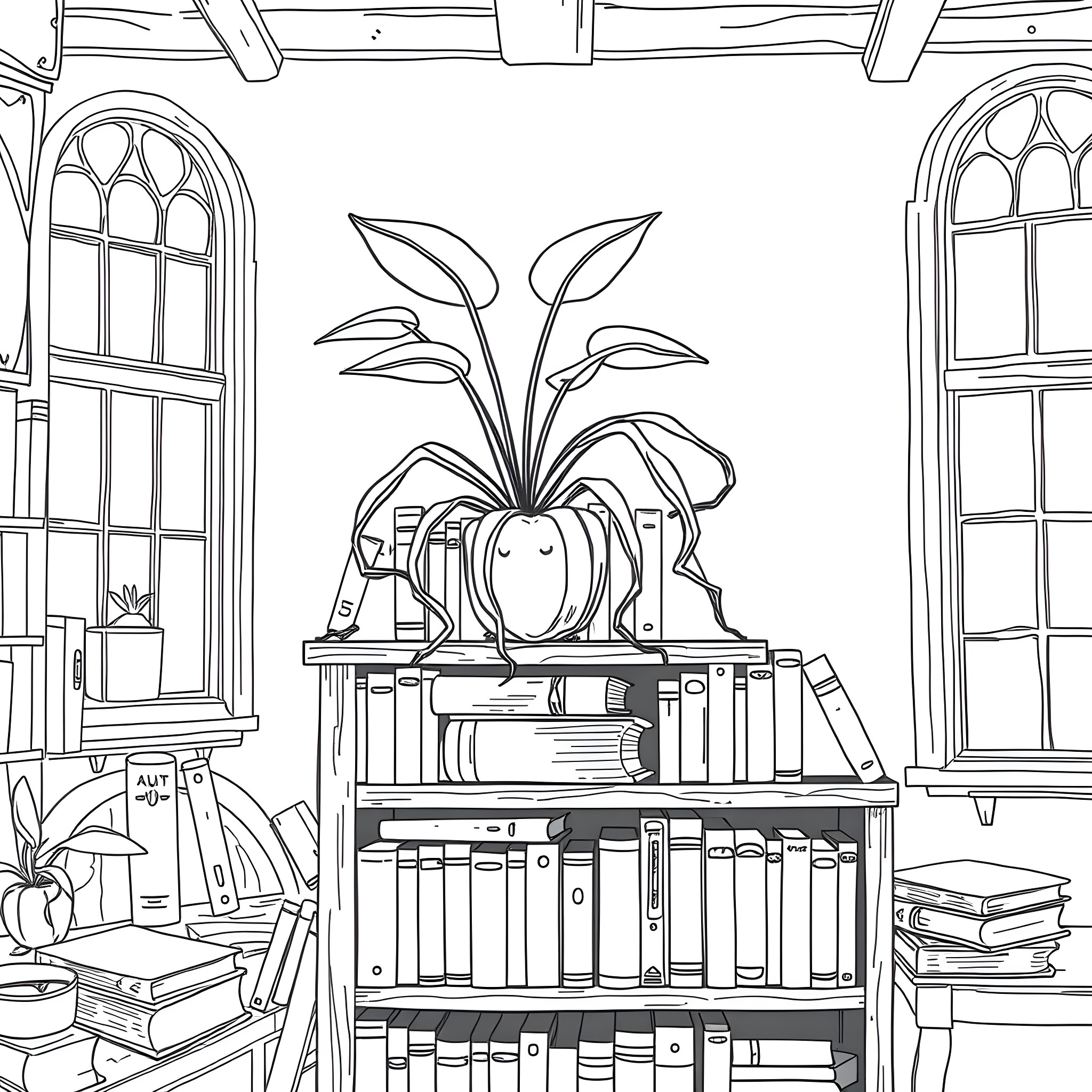 Spider Plant in a Cozy Library Setting Coloring Page (free black-and-white line drawing printable PDF for all, from beginners to advanced learners, including children, teens, adults, and seniors)