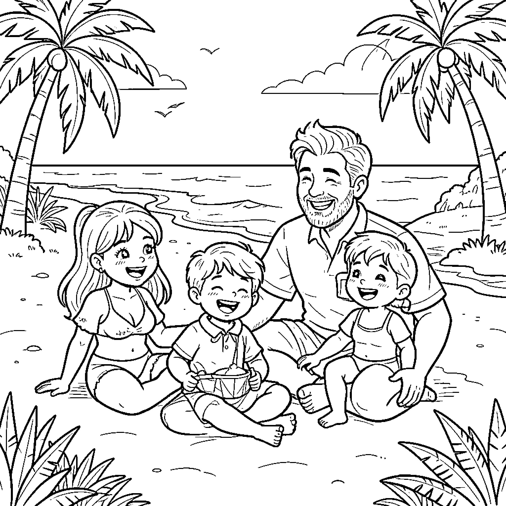 Family enjoying beach vacation together Coloring Page (free black-and-white line drawing printable PDF for all, from beginners to advanced learners, including children, teens, adults, and seniors)