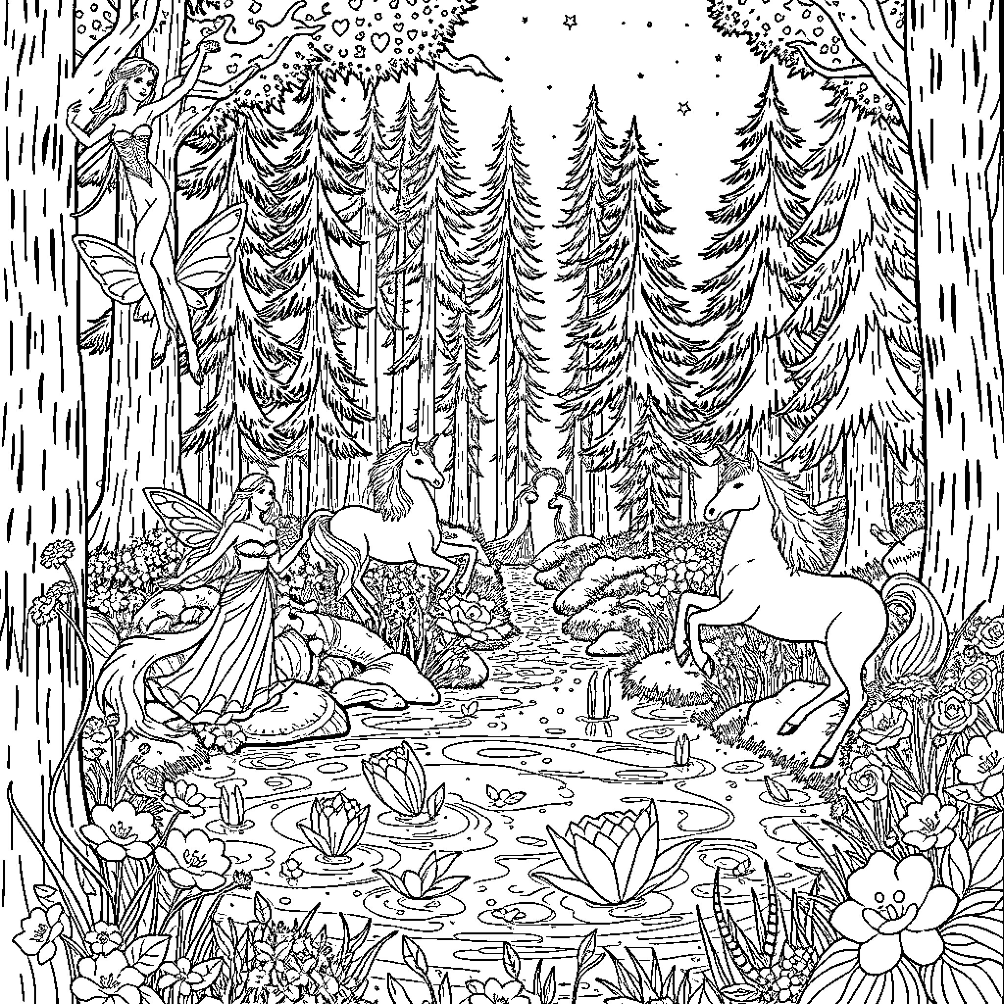 Fairy Enchanting Forest with Unicorns and Nature Coloring Page (free black-and-white line drawing printable PDF for all, from beginners to advanced learners, including children, teens, adults, and seniors)