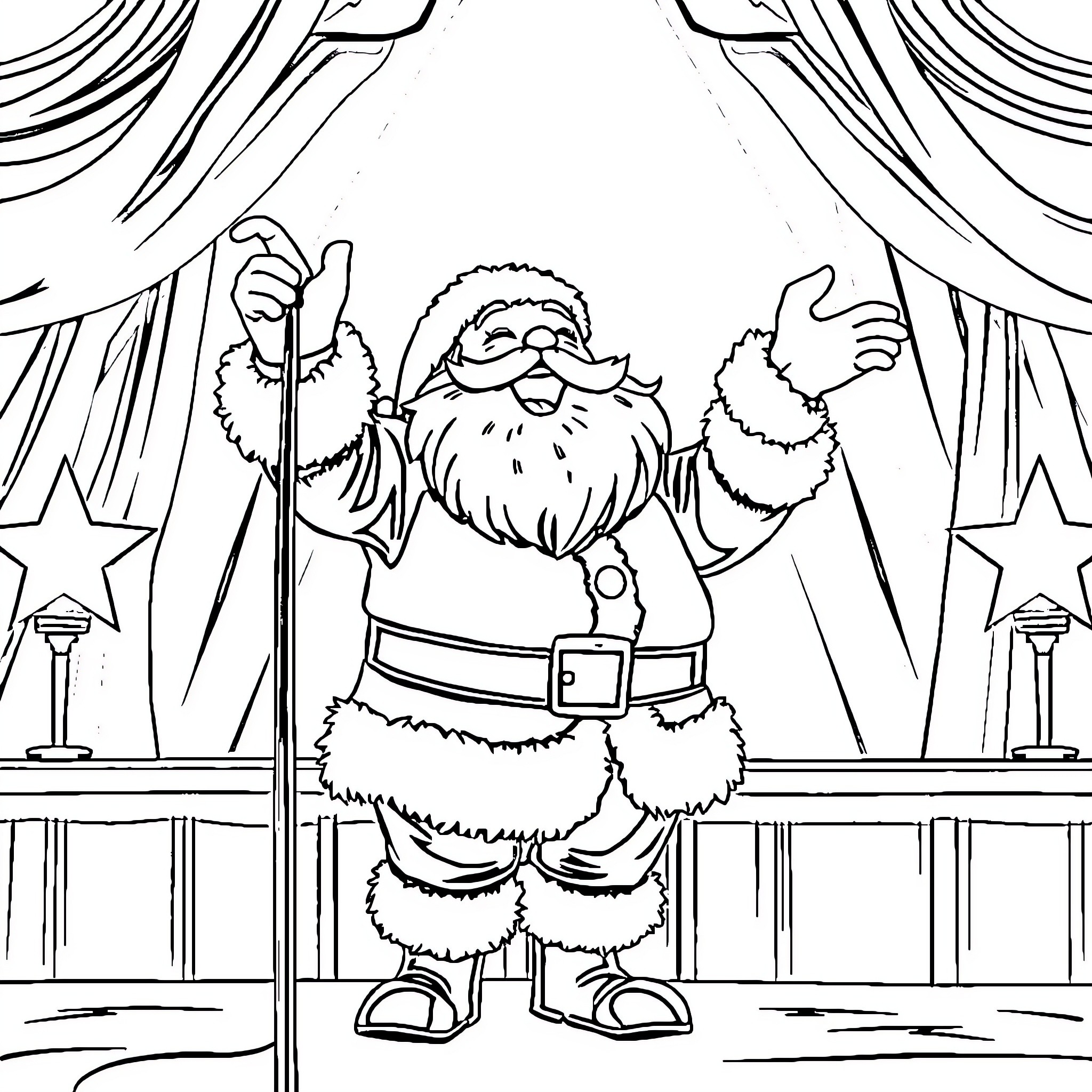 Santa Claus performing on stage in a theater Coloring Page (free black-and-white line drawing printable PDF for all, from beginners to advanced learners, including children, teens, adults, and seniors)