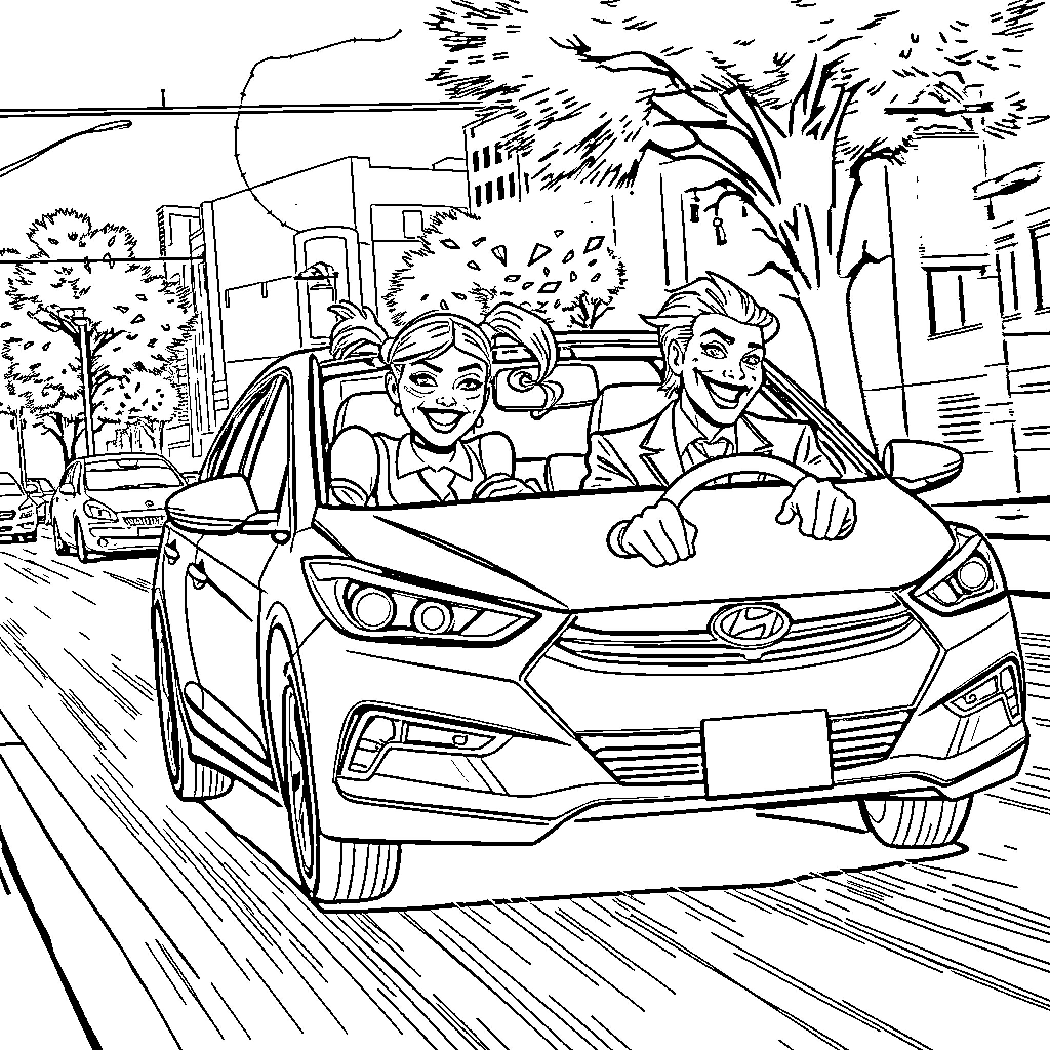 Harley Quinn and Joker joy ride in the city Coloring Page (free black-and-white line drawing printable PDF for all, from beginners to advanced learners, including children, teens, adults, and seniors)