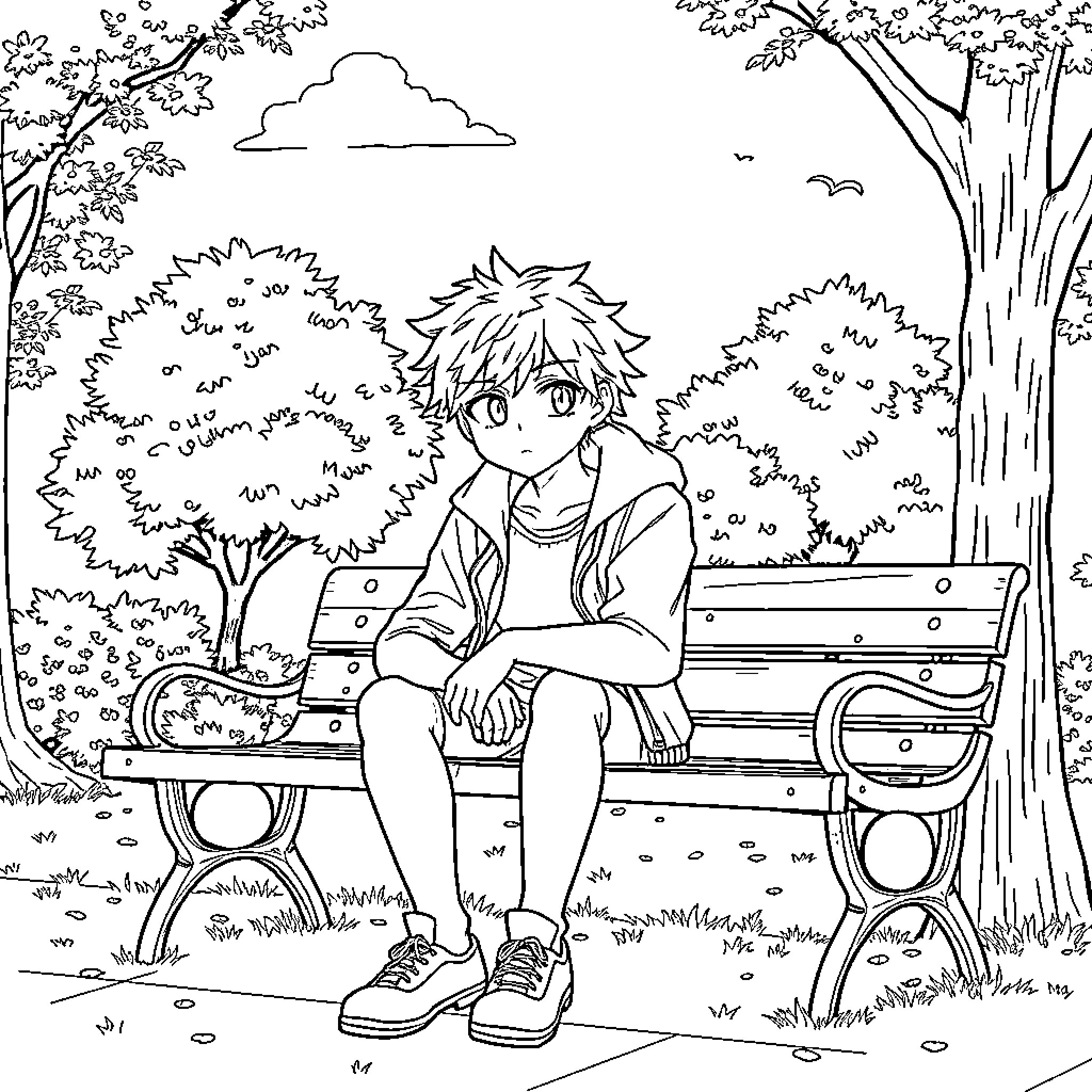 Izuku Midoriya sitting on a park bench Coloring Page (free black-and-white line drawing printable PDF for all, from beginners to advanced learners, including children, teens, adults, and seniors)