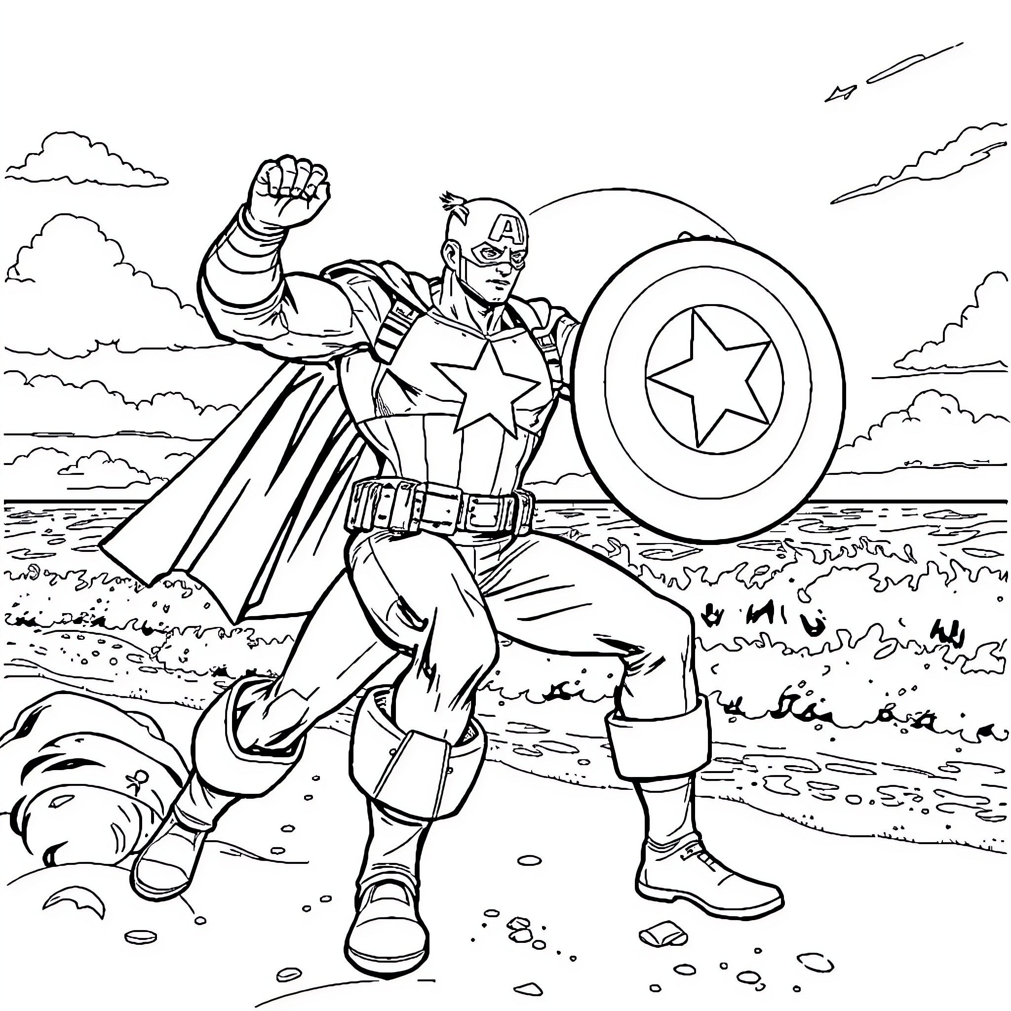 Captain America in Action Pose with Shield Coloring Page (free black-and-white line drawing printable PDF for all, from beginners to advanced learners, including children, teens, adults, and seniors)