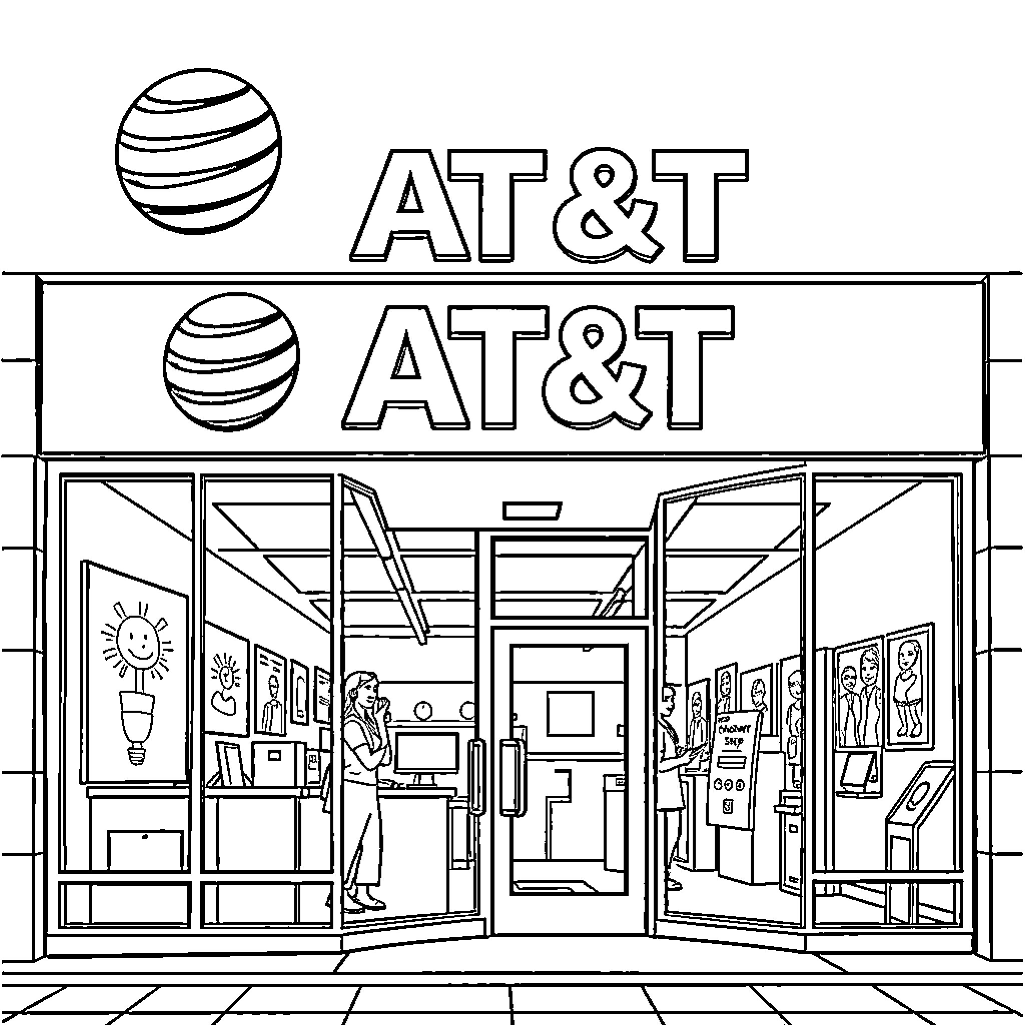 AT&T store with customer service and product displays Coloring Page (free black-and-white line drawing printable PDF for all, from beginners to advanced learners, including children, teens, adults, and seniors)
