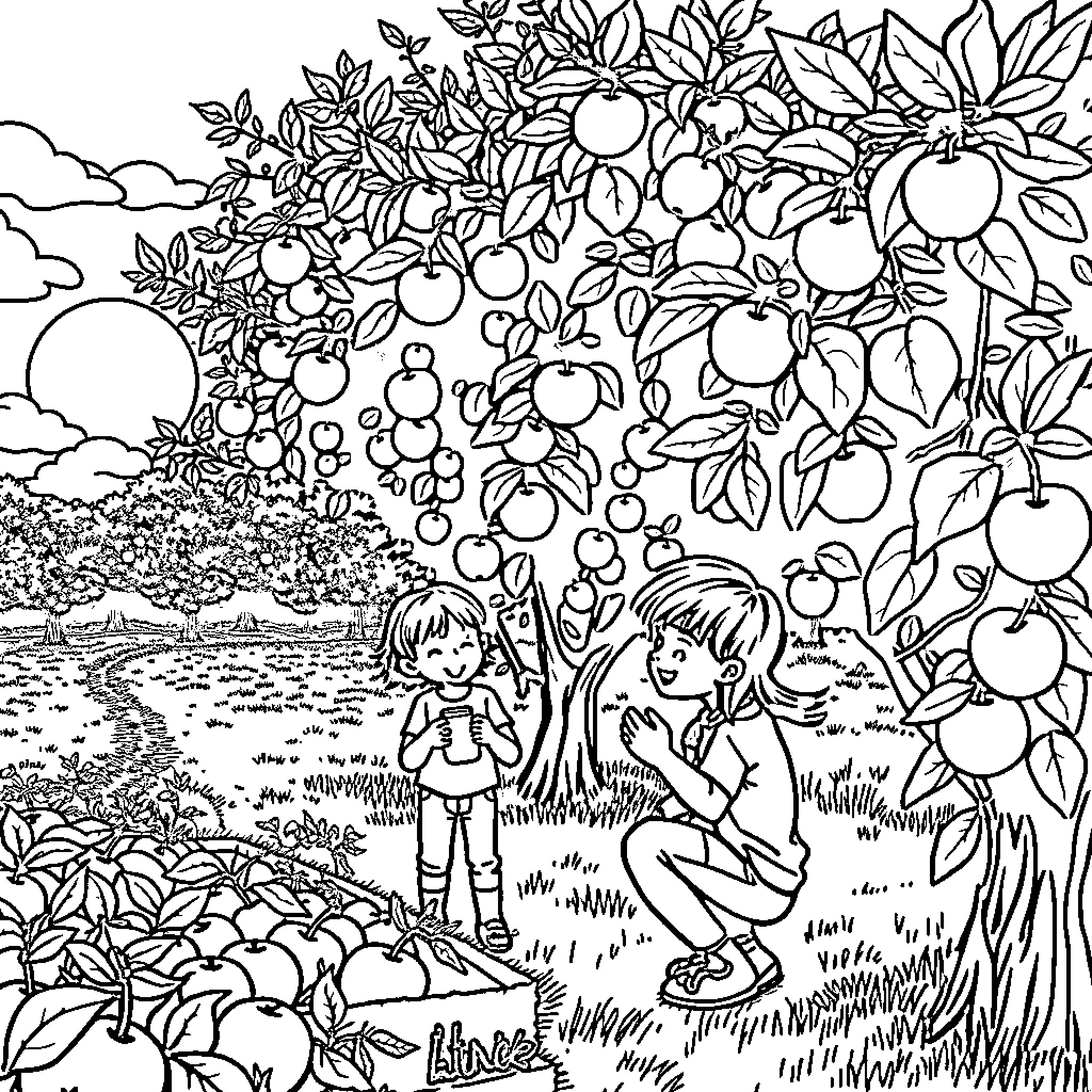 Apple Picking Delight in Nature's Embrace Coloring Page (free black-and-white line drawing printable PDF for all, from beginners to advanced learners, including children, teens, adults, and seniors)