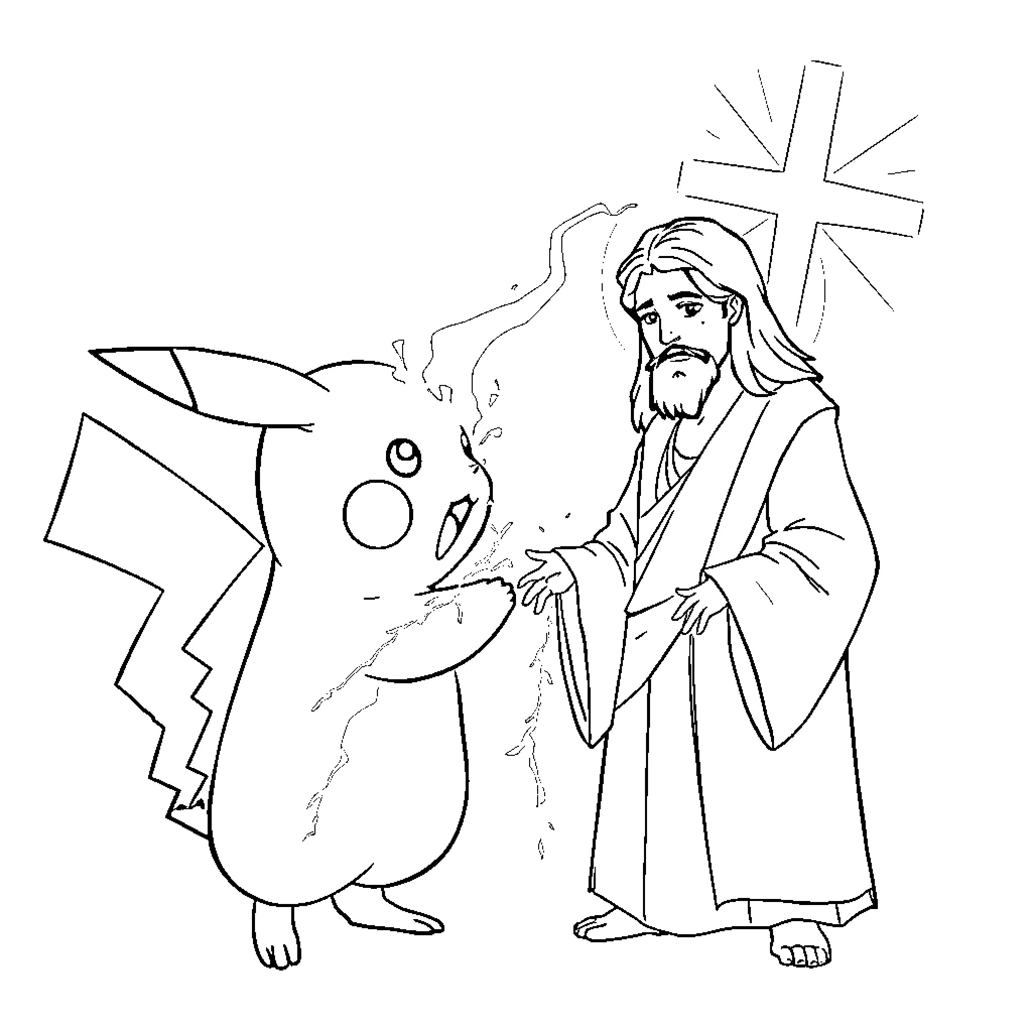Pikachu meets the Savior in a divine encounter Coloring Page (free black-and-white line drawing printable PDF for all, from beginners to advanced learners, including children, teens, adults, and seniors)