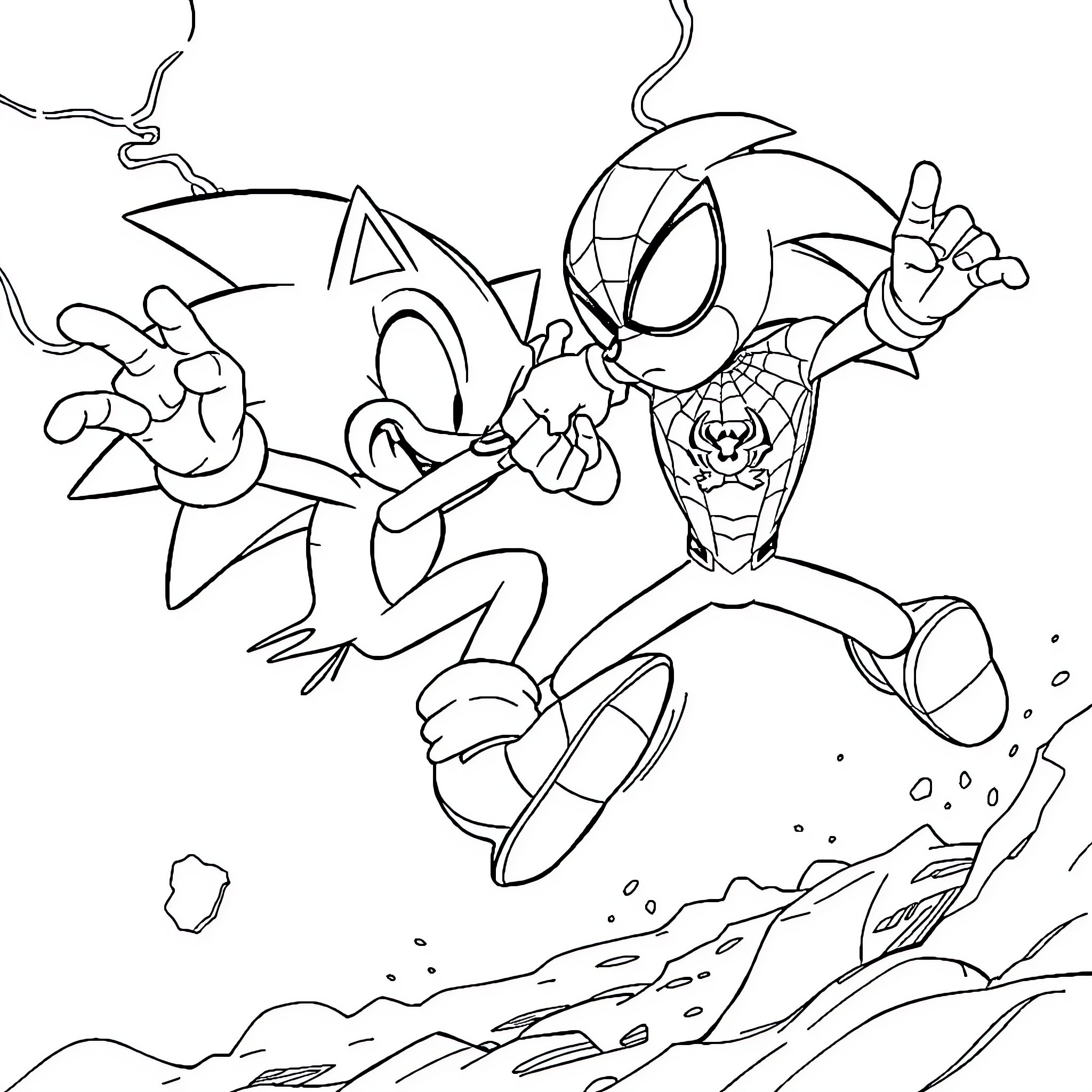 Sonic and Spider-Man in Action-Packed Adventure Coloring Page (free black-and-white line drawing printable PDF for all, from beginners to advanced learners, including children, teens, adults, and seniors)