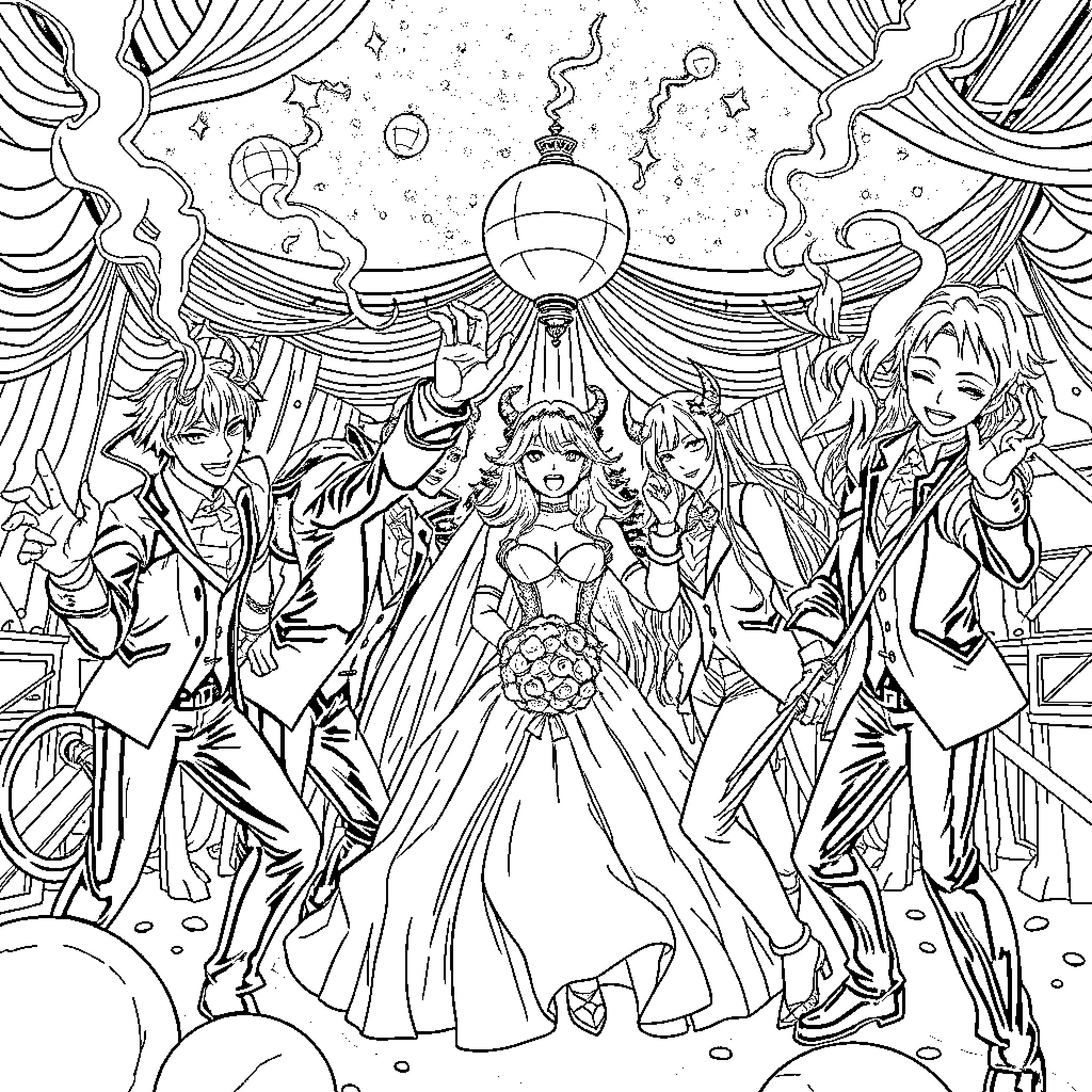 Demon Hunter's Lavish Wedding Celebration Coloring Page (free black-and-white line drawing printable PDF for all, from beginners to advanced learners, including children, teens, adults, and seniors)