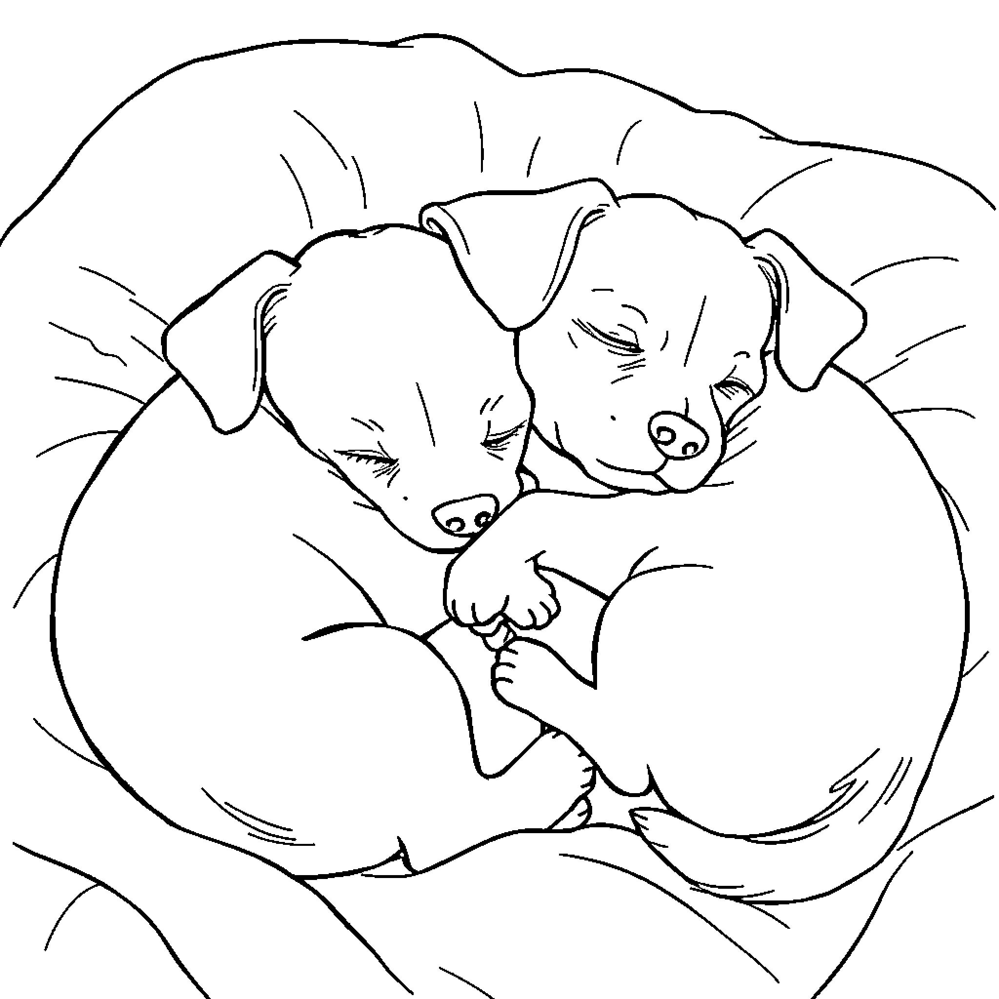 Dog sleeping peacefully in cozy bed Coloring Page (free black-and-white line drawing printable PDF for all, from beginners to advanced learners, including children, teens, adults, and seniors)