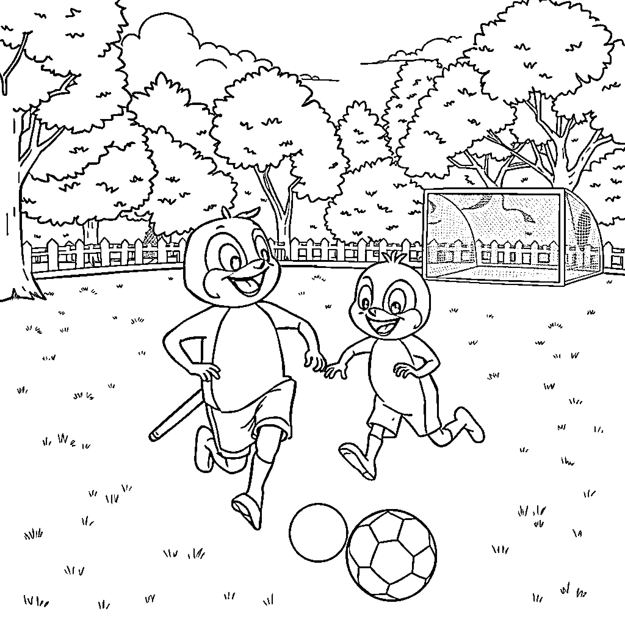 Paw Patrol characters playing soccer in a park Coloring Page (free black-and-white line drawing printable PDF for all, from beginners to advanced learners, including children, teens, adults, and seniors)