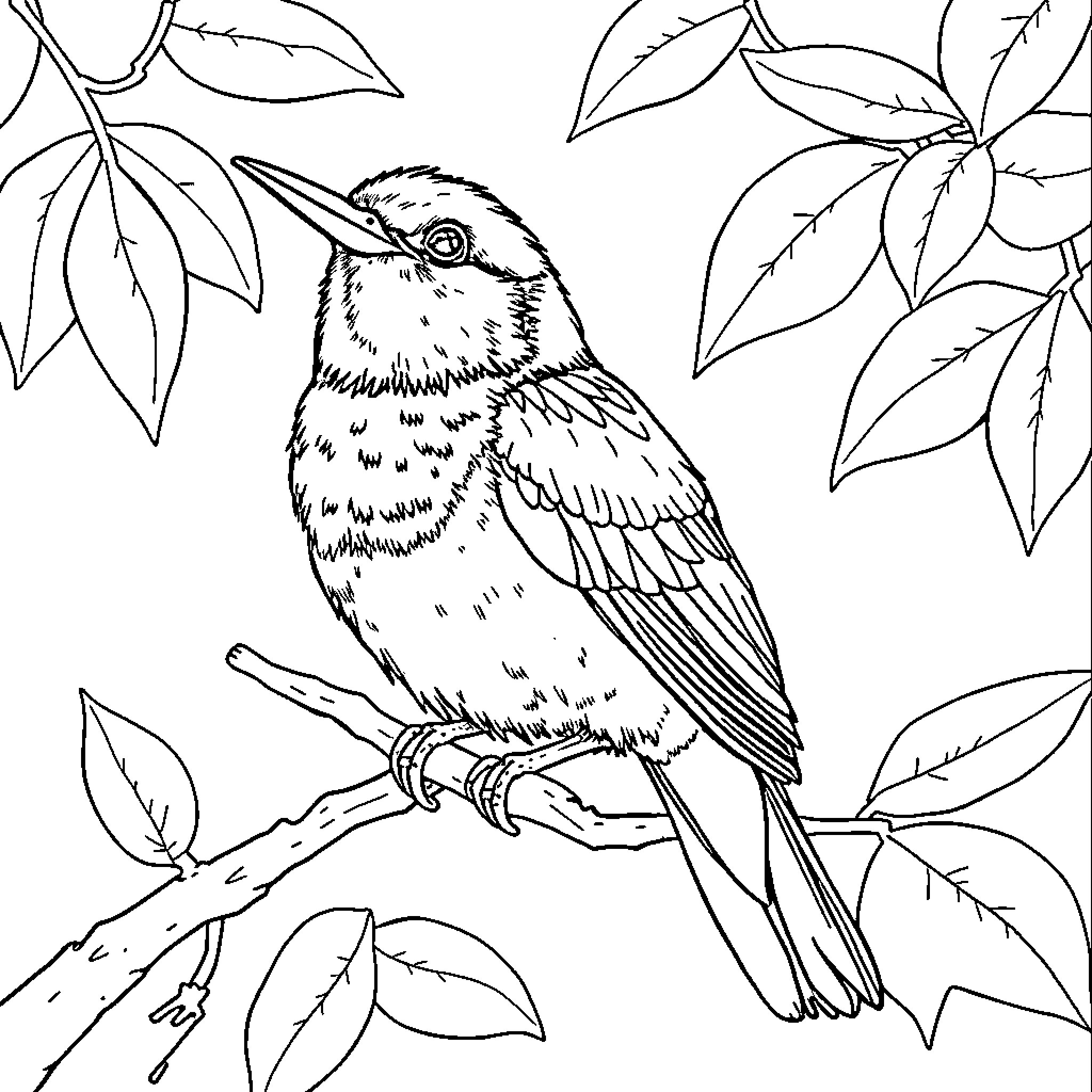 Bird perched on branch with foliage Coloring Page (free black-and-white line drawing printable PDF for all, from beginners to advanced learners, including children, teens, adults, and seniors)