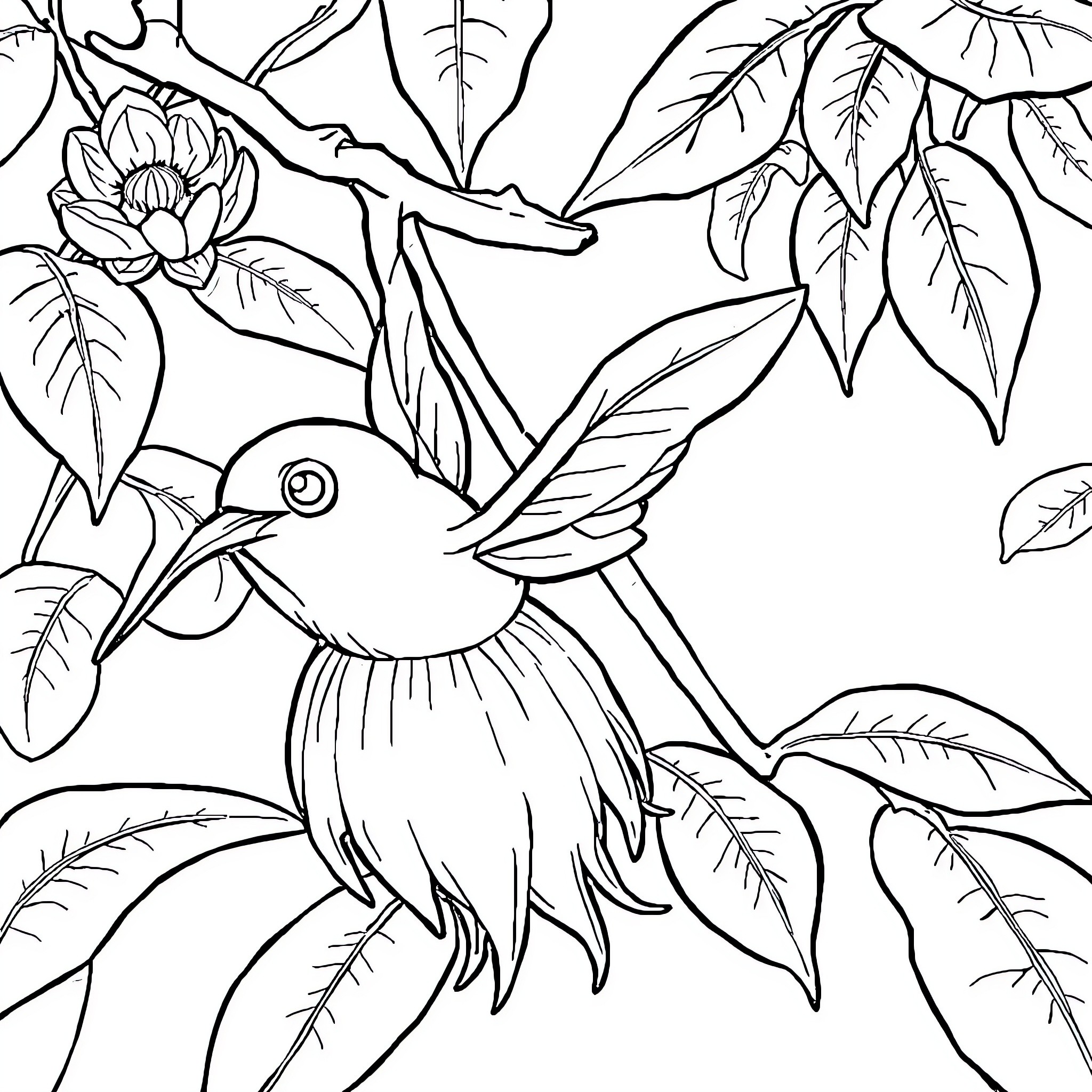 Pohon hummingbird among tropical flowers and leaves Coloring Page (free black-and-white line drawing printable PDF for all, from beginners to advanced learners, including children, teens, adults, and seniors)