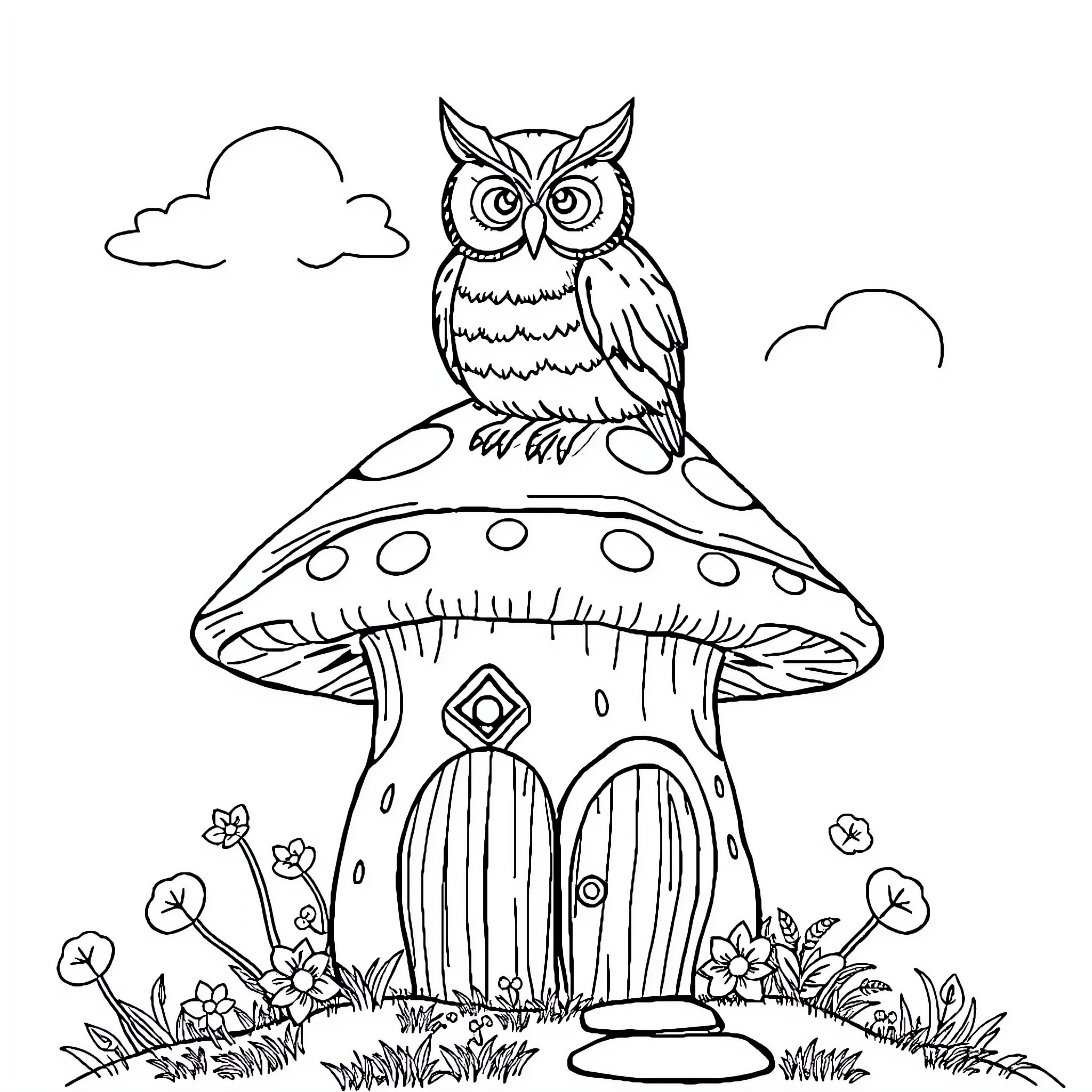 Owl perched atop a magical mushroom house Coloring Page (free black-and-white line drawing printable PDF for all, from beginners to advanced learners, including children, teens, adults, and seniors)