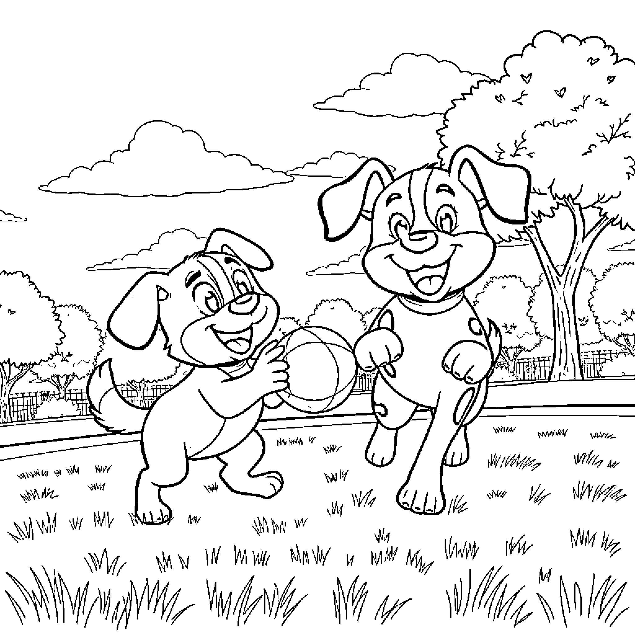 Bluey dogs playing with a ball in the park Coloring Page (free black-and-white line drawing printable PDF for all, from beginners to advanced learners, including children, teens, adults, and seniors)