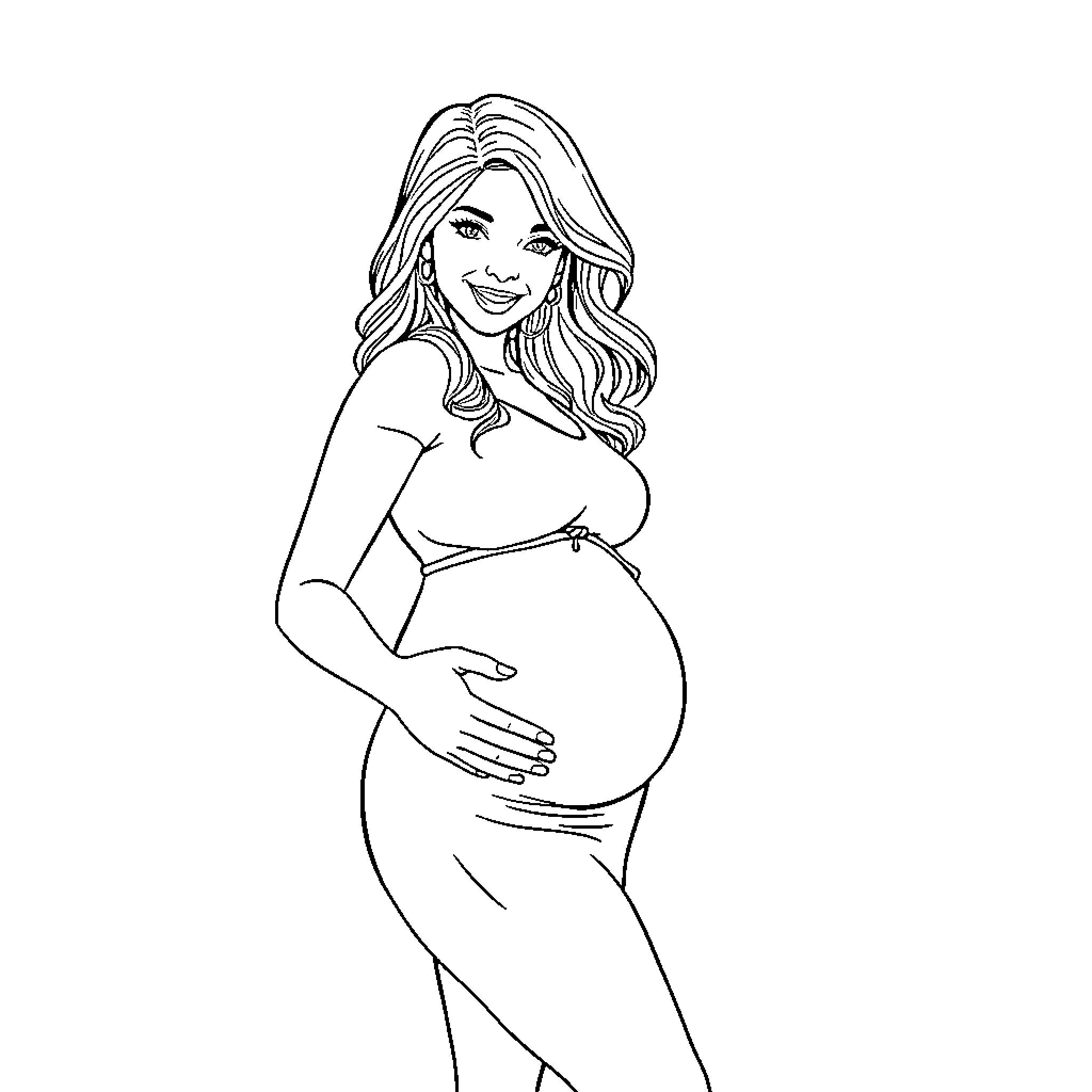 Jenner Ortega Smiling Confidently While Pregnant Coloring Page (free black-and-white line drawing printable PDF for all, from beginners to advanced learners, including children, teens, adults, and seniors)